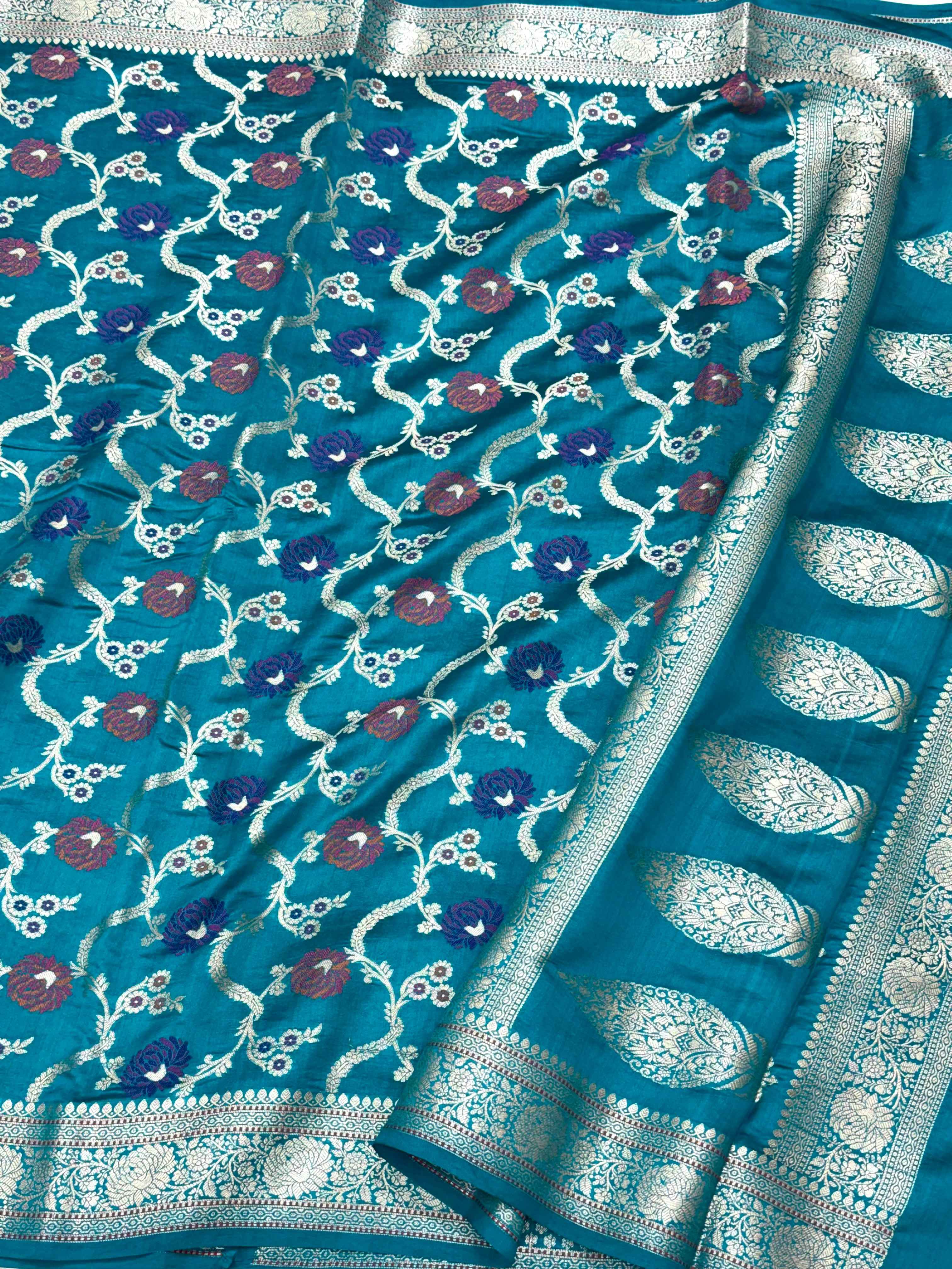 Teal Green Pure Mulberry Chiniya Silk Meenakari Banarasi Saree- Lightweight