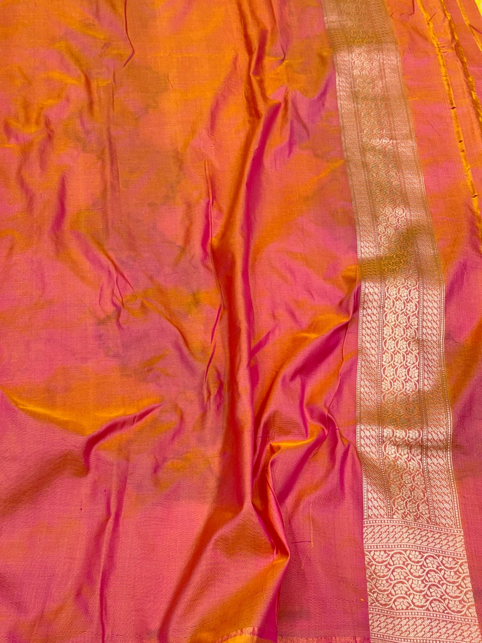 Orange Pure Katan Silk & Mulberry Silk Handloom Banarasi Saree | Rangkaat style weave