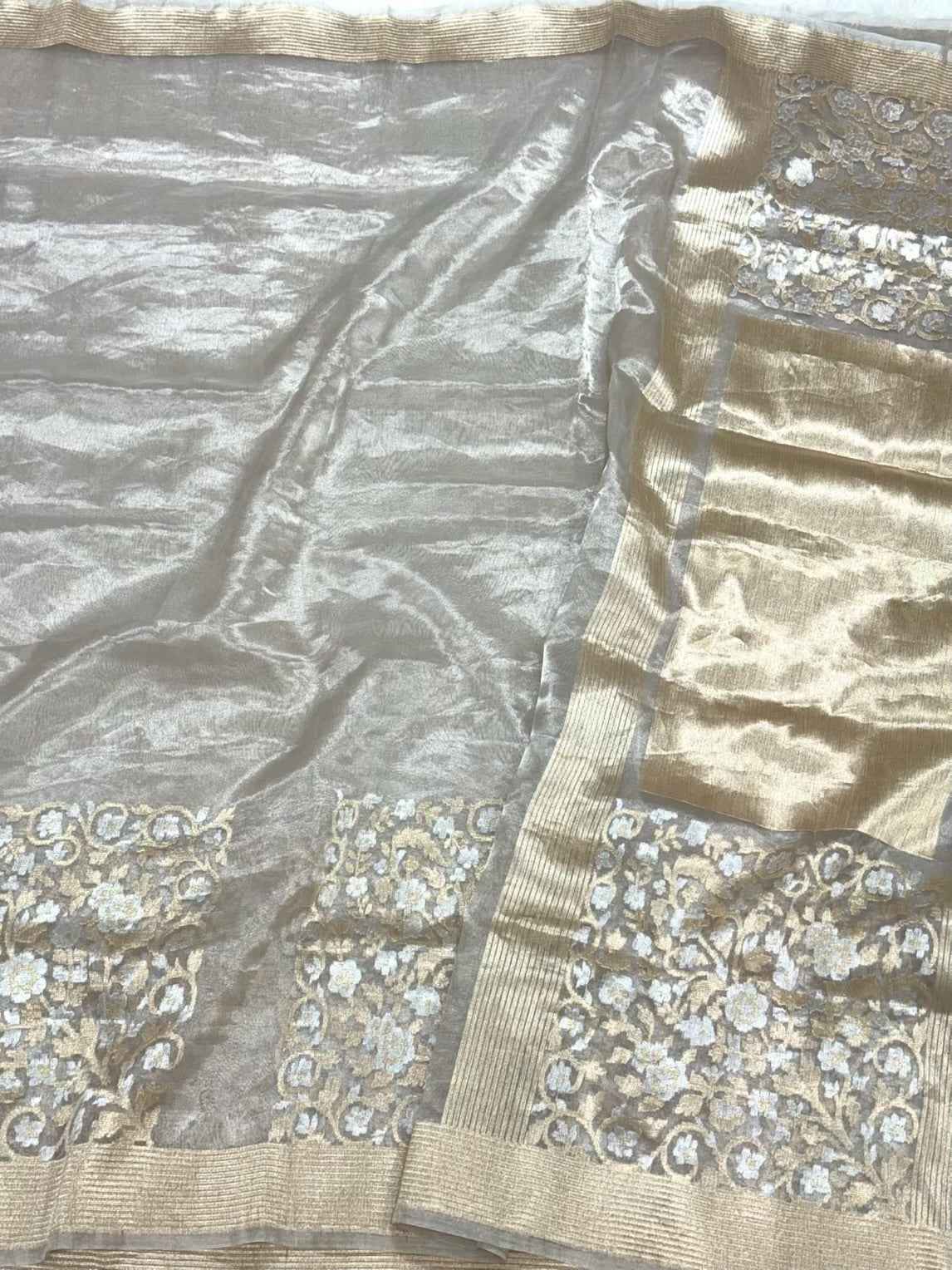 Silver/White Pure Tissue Silk Saree - 100% Pure Kora Silk | Handwoven Banarasi Silk Saree - Modern Contemporary Saree