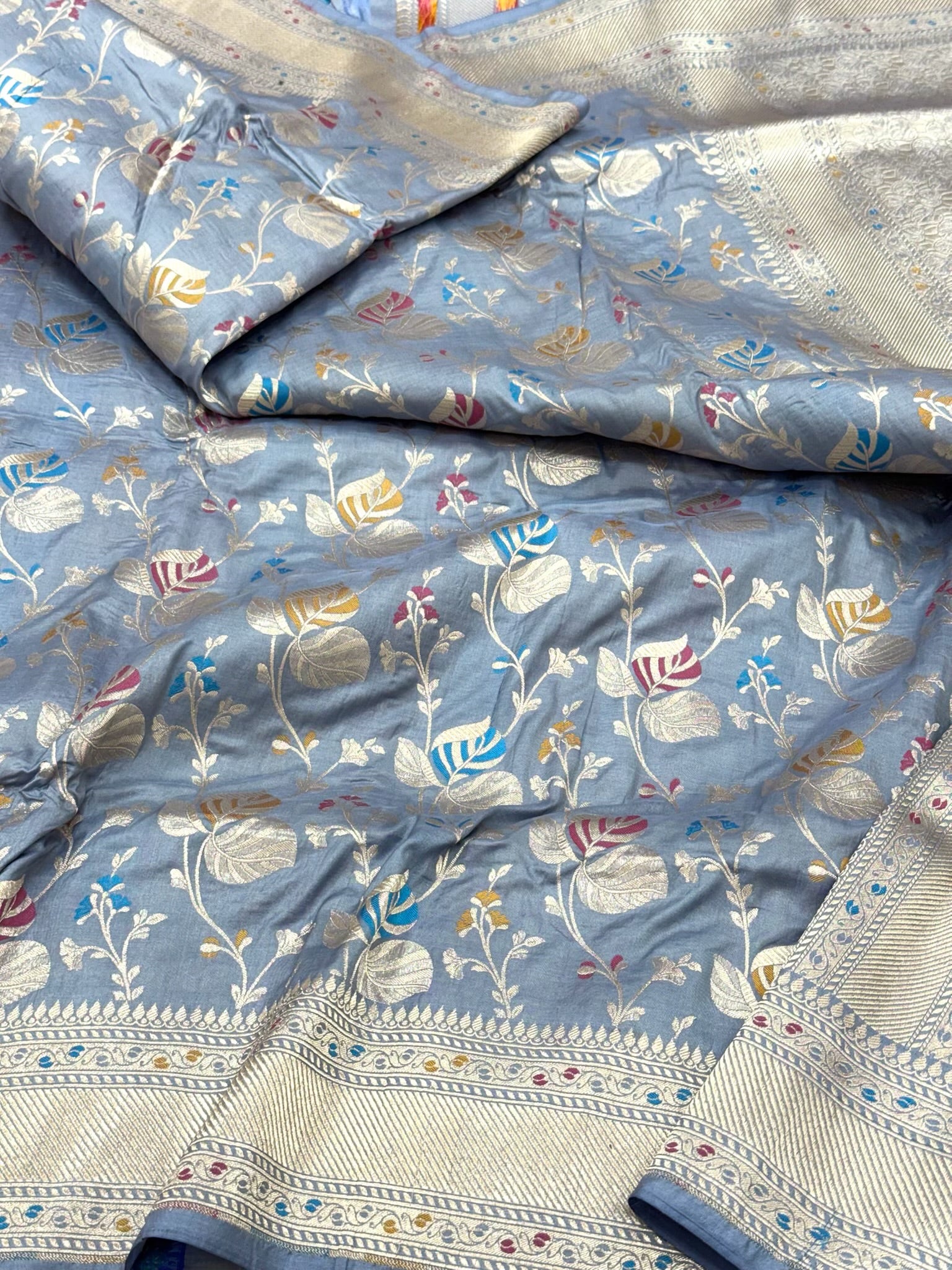 Blue Gray Pure Mulberry Katan Silk Handloom Banarasi Saree - Authentic Banarasi Meenakari Saree