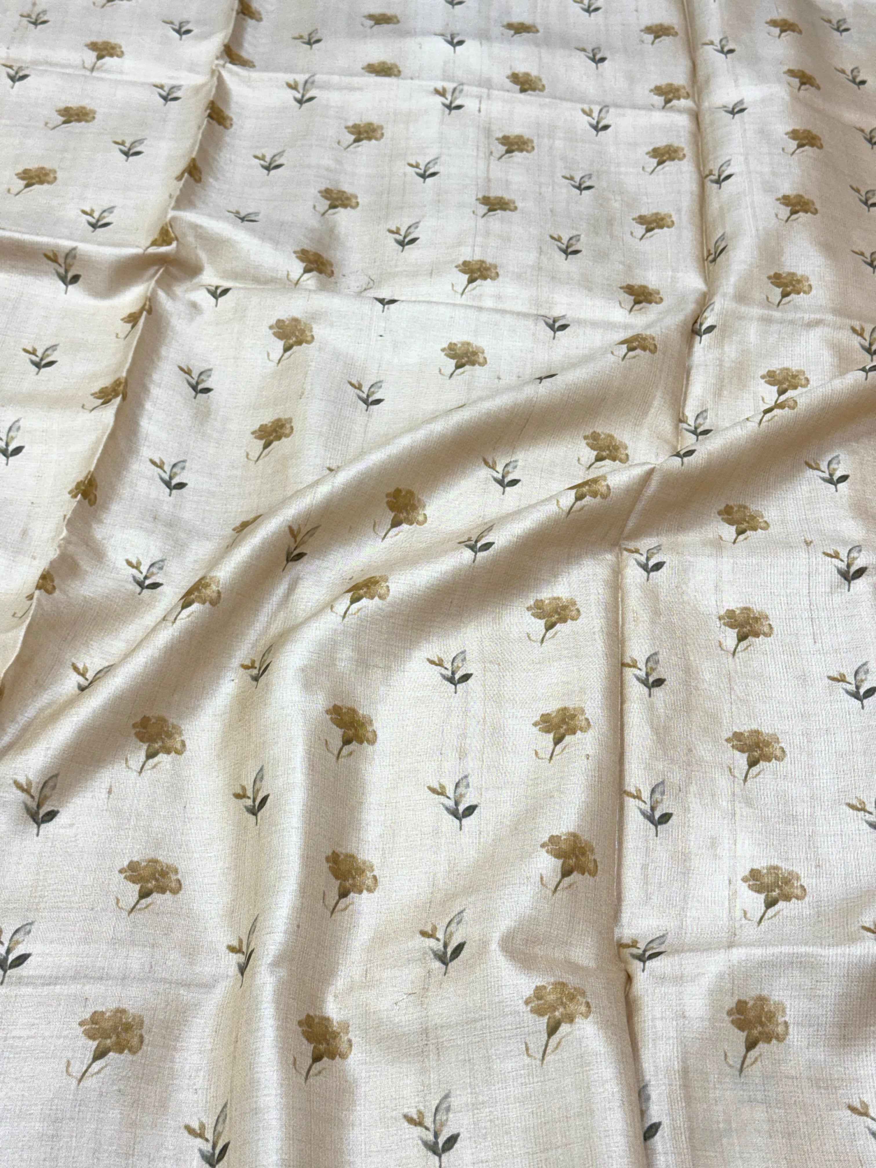 Ivory Pure Tussar Silk Handloom Printed with Embroidery Banarasi Saree - Soft Lightweight Banarasi Saree