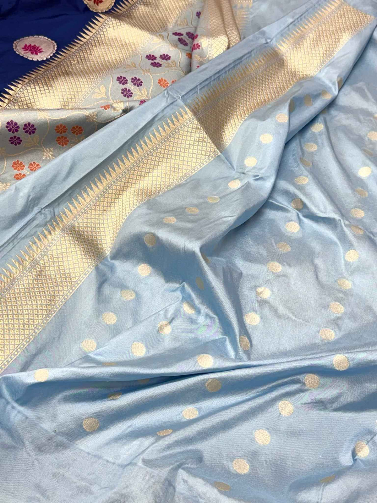 German Blue Pure Mulberry Katan Silk | Kadhwa + Kadhiyal Technique | Handwoven Banarasi Saree
