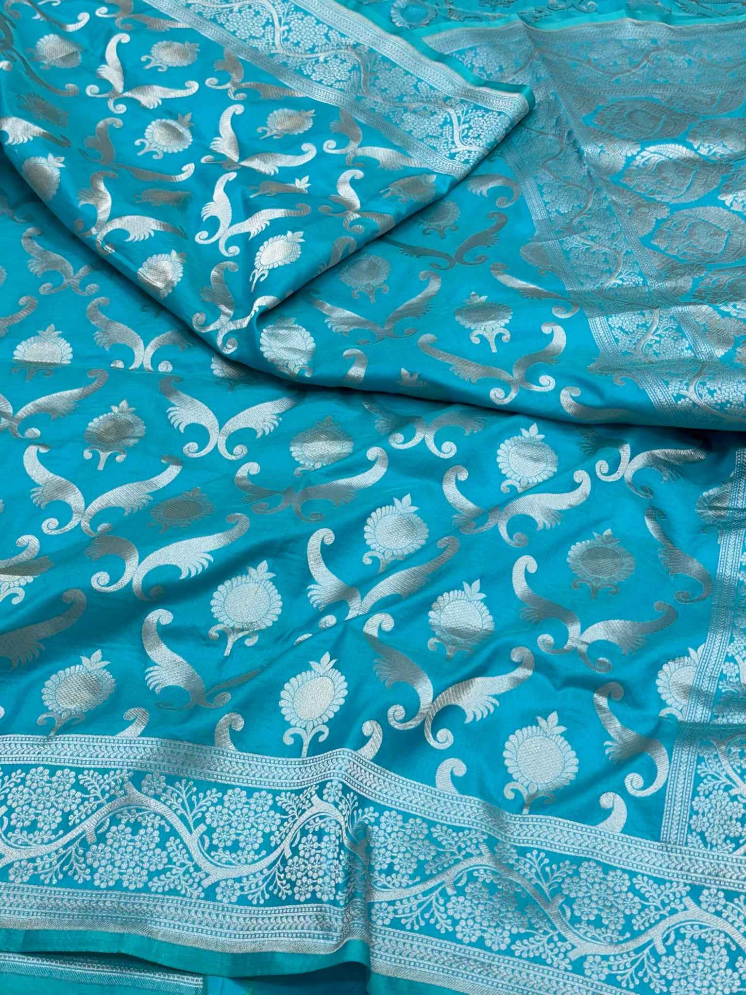 Aqua Blue Handloom Banarasi Saree | Pure Mulberry Katan Silk Banarasi Saree