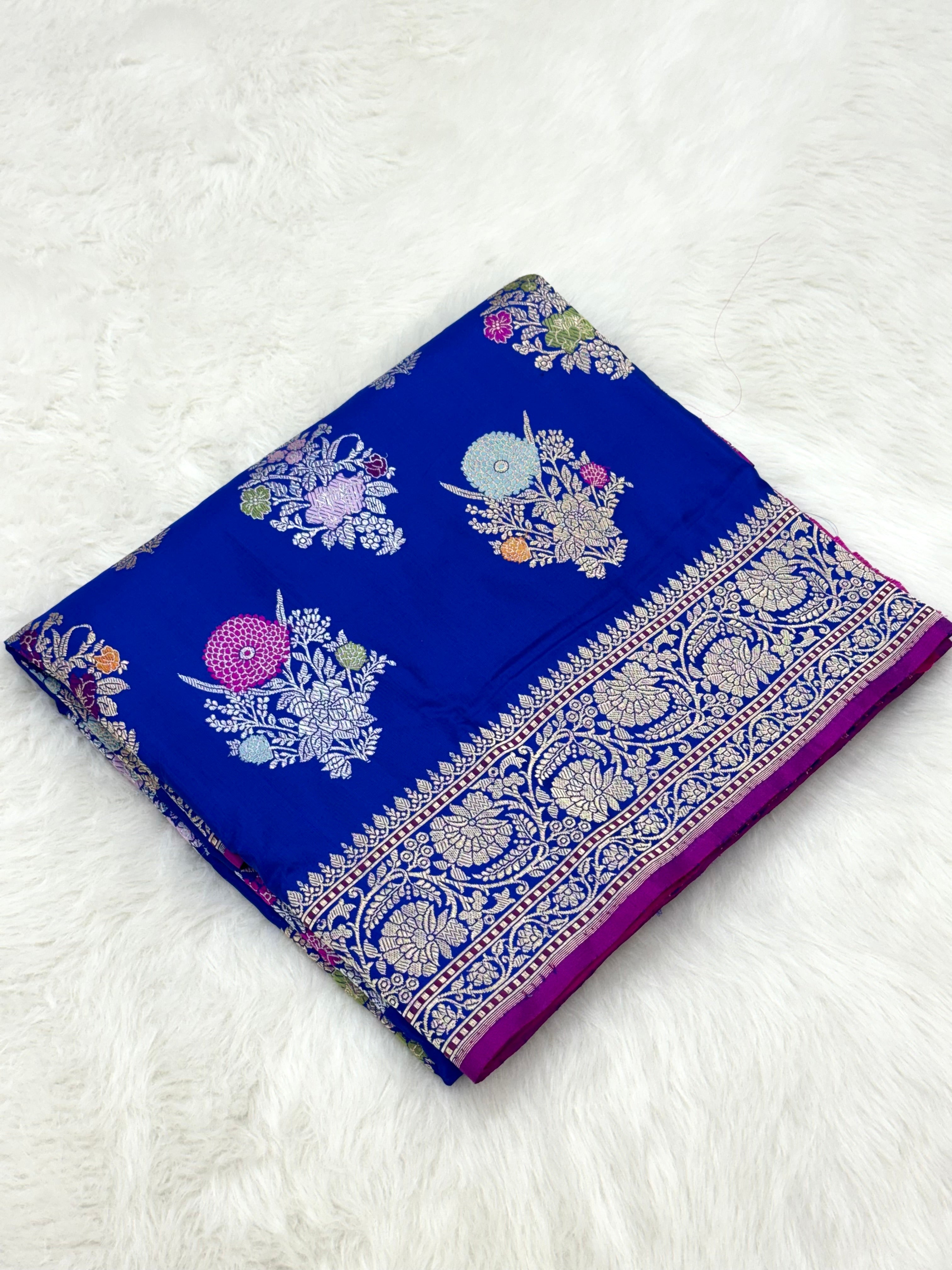 German Blue Pure Mulberry Katan Silk Handwoven Banarasi Saree