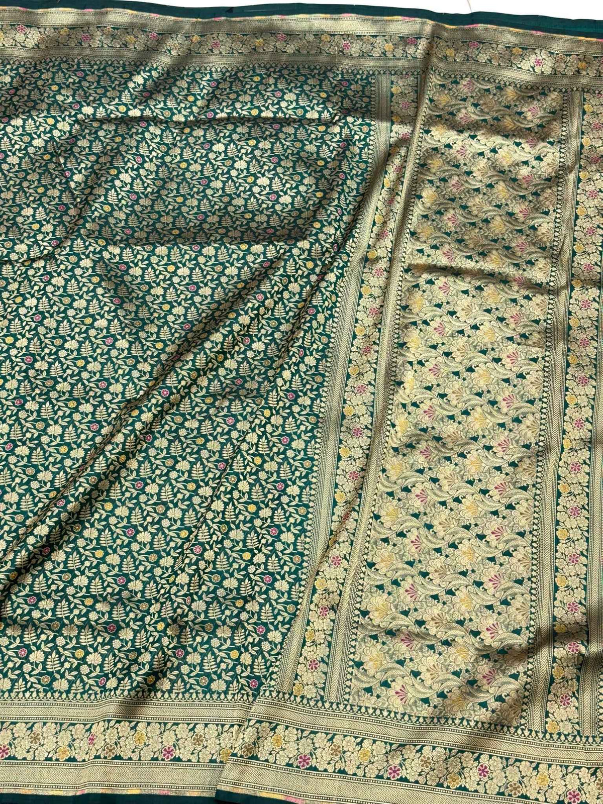 Dark Green Pure Mulberry Katan Silk Handloom Banarasi Brocade Saree - Authentic Banarasi Meenakari Saree