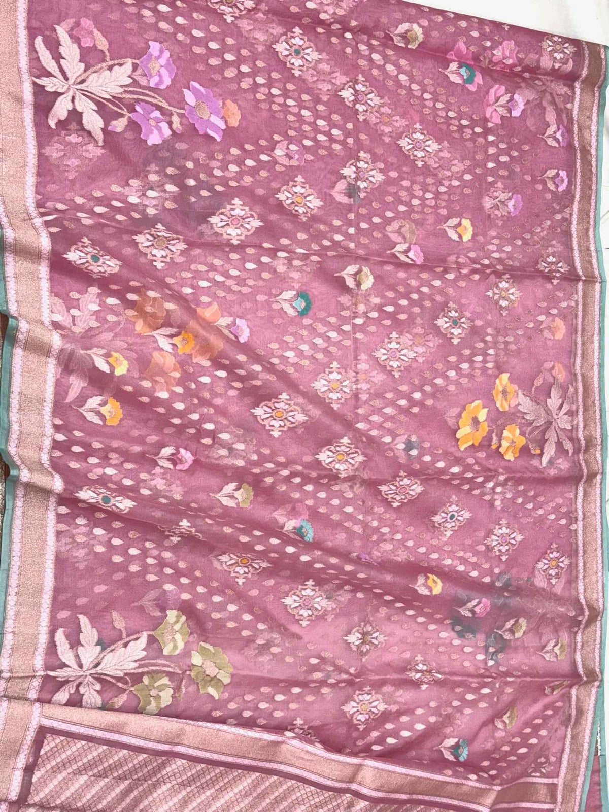 Powder Pink Pure Mulberry Kora ( Organza ) Silk Ektara Jamdani Handloom Contemporary Banarasi Lightweight Saree