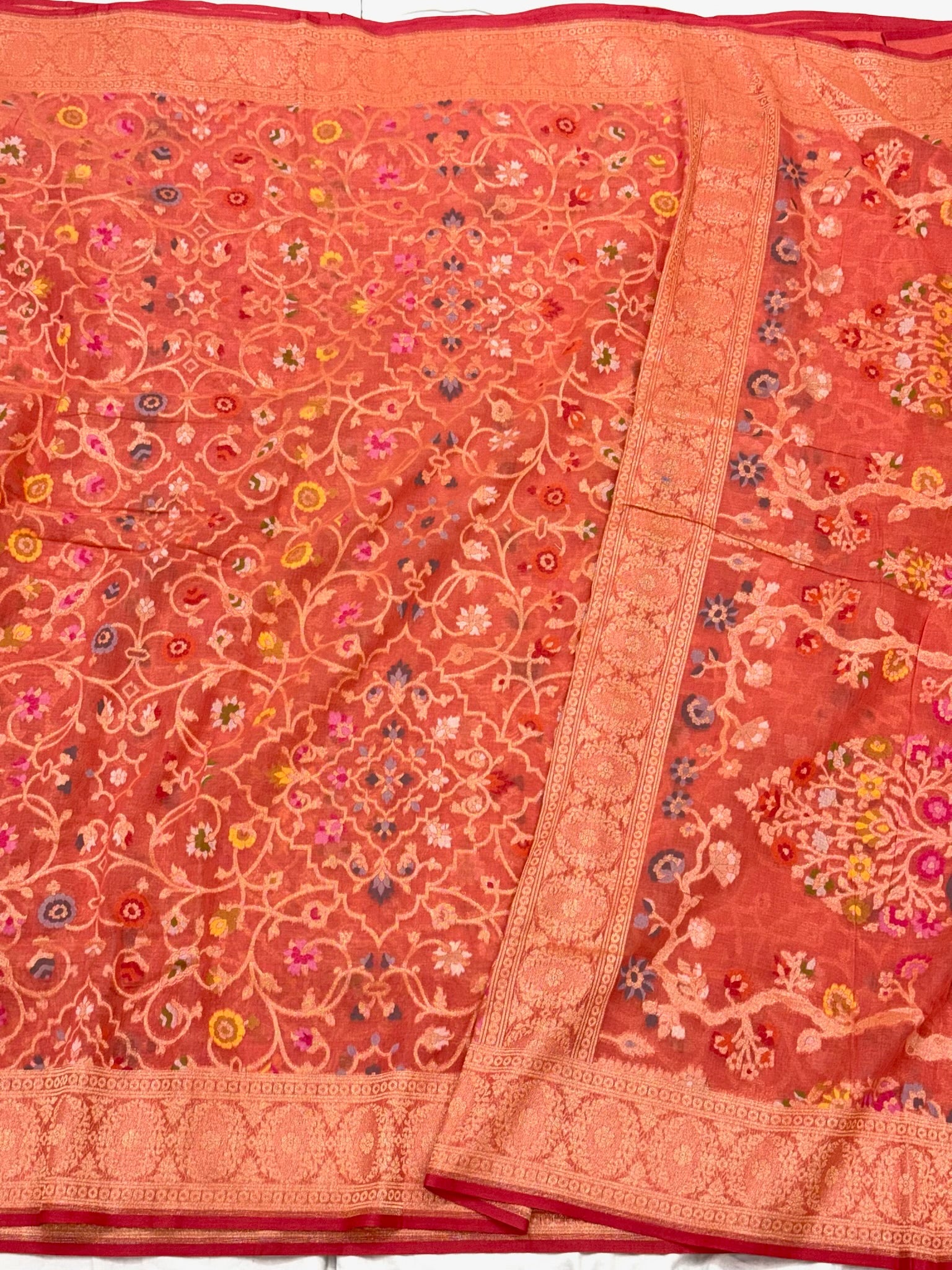 Neon Orange Pure Muslin Cotton Jamdani Handloom Banarasi Ektara Saree