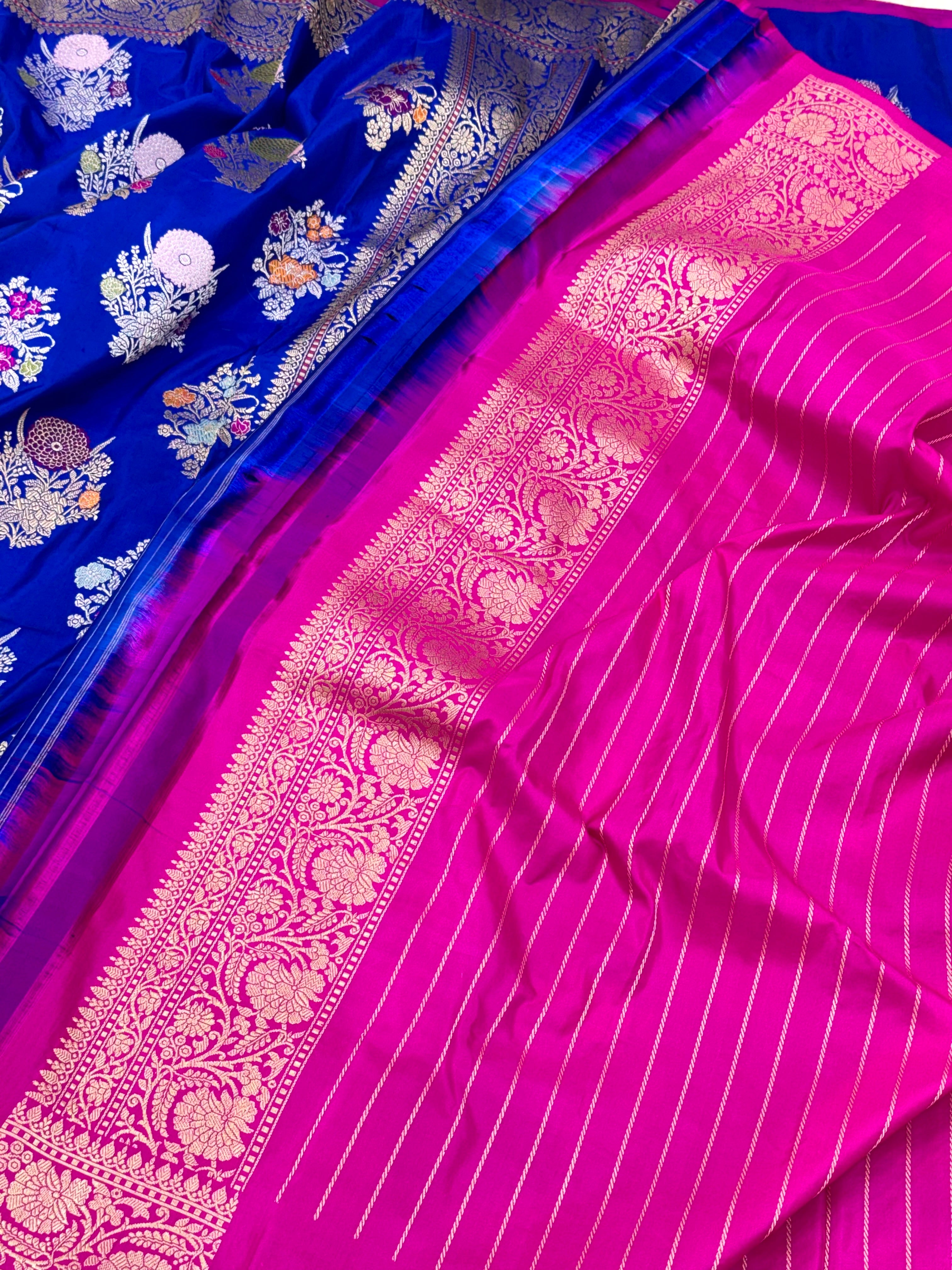 German Blue Pure Mulberry Katan Silk Handwoven Banarasi Saree