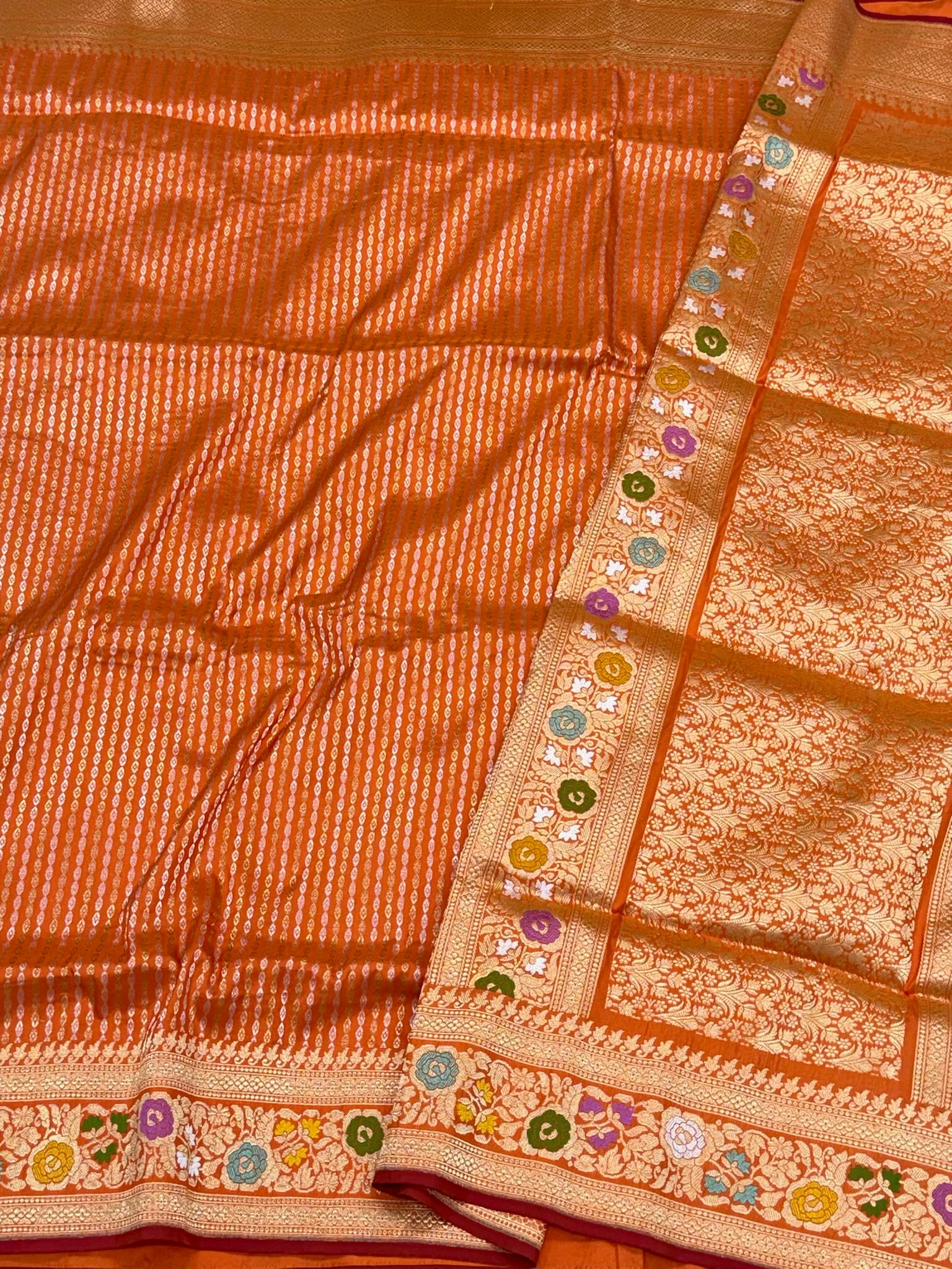 Orange Handwoven Pure Mulberry Katan Silk | Kadhwa Technique | Contemporary Banarasi Saree - Six Yards, Elevated