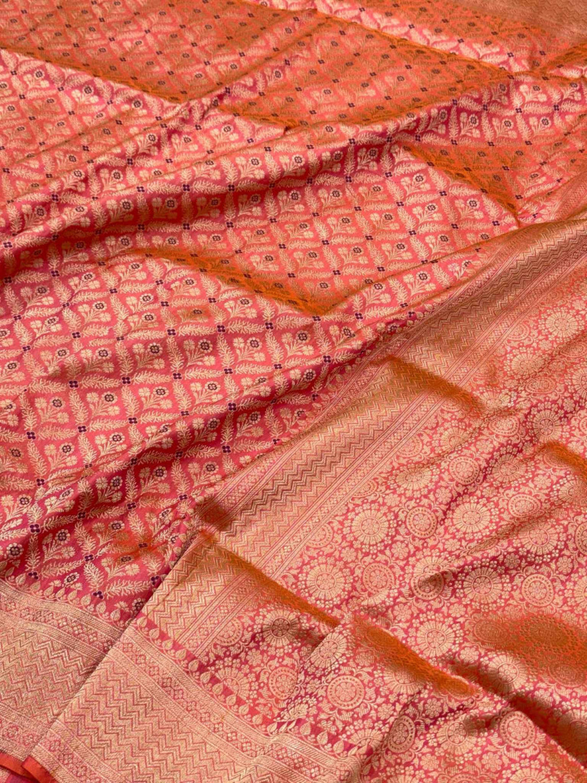 Reddish Orange Katan Silk Vintage Handloom Banarasi Brocade Saree