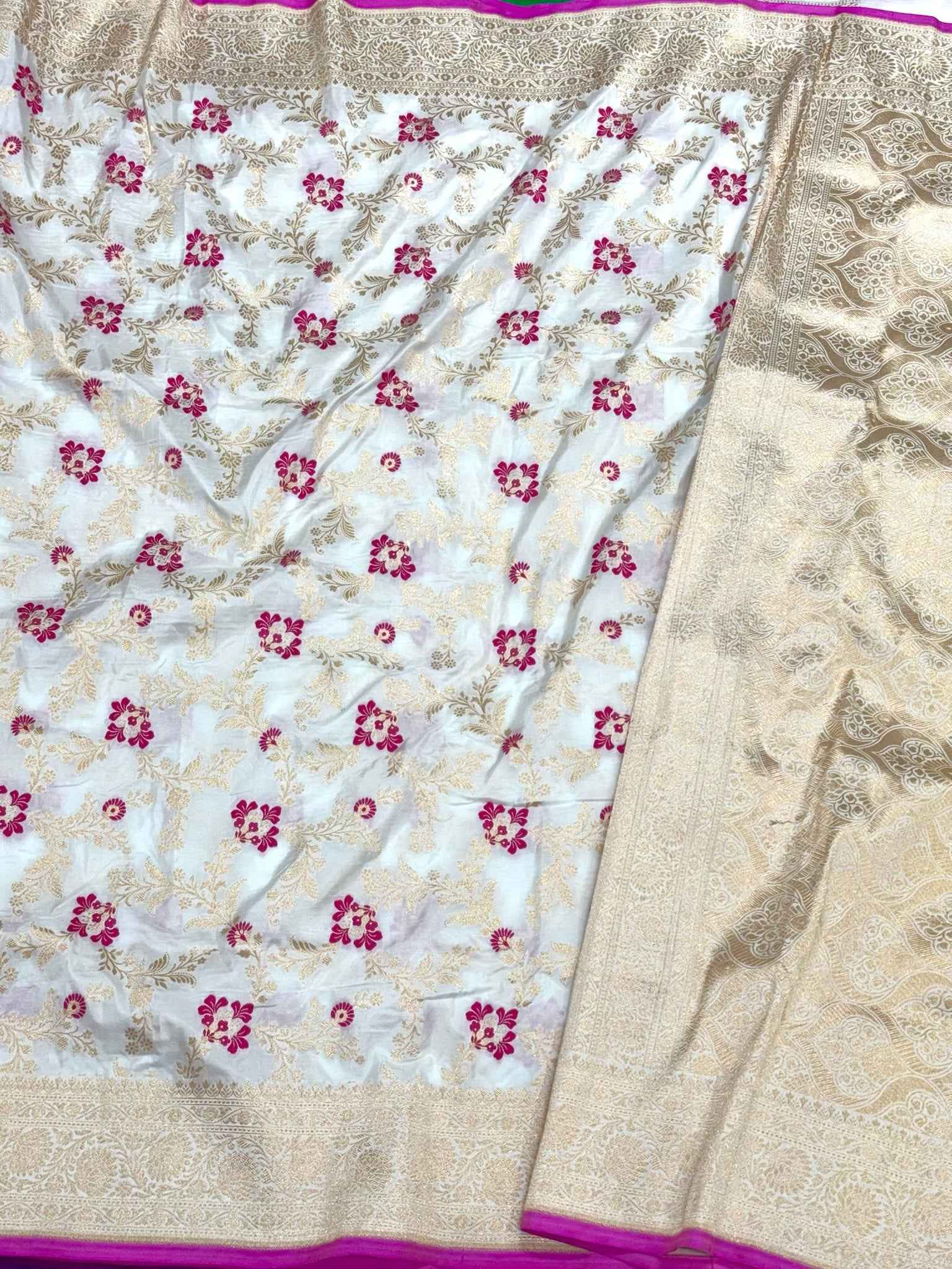 Pearl White Handloom Banarasi Saree with Pure Katan Mulberry Silk