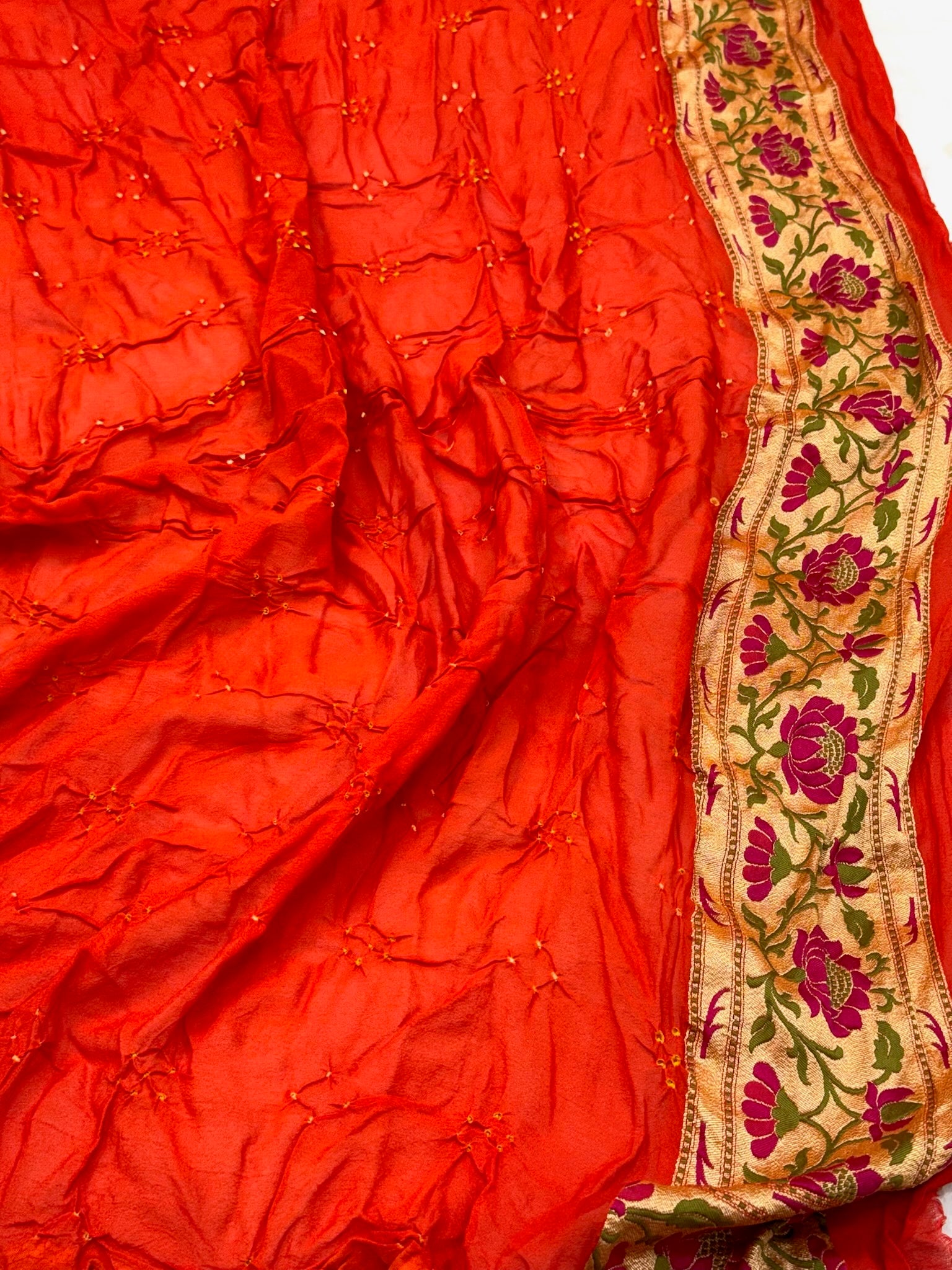 Orange Banarasi Handloom Saree | Pure Chiffon Georgette Banarasi Bandhej Saree