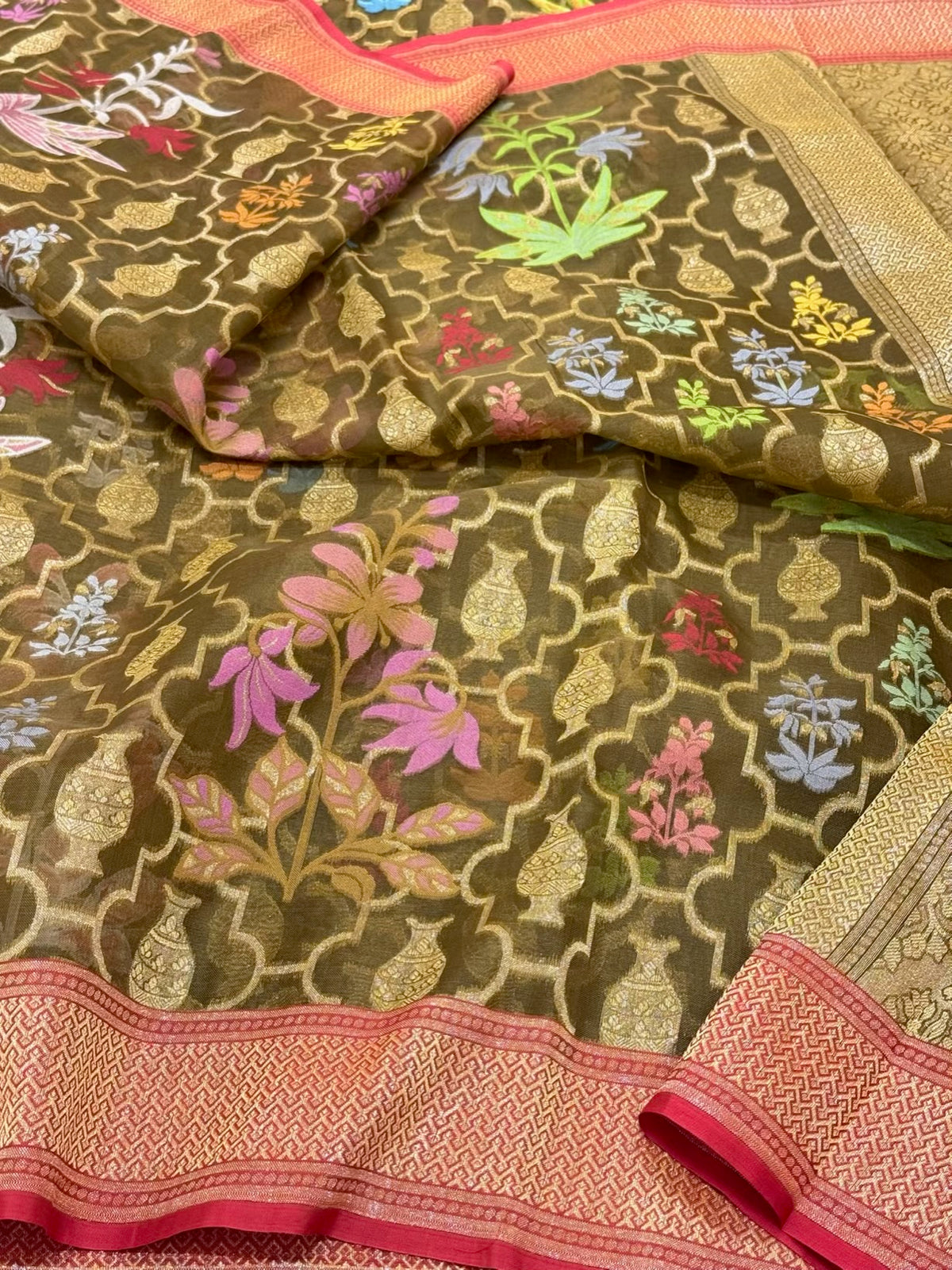 Brown Pure Kora Mulberry Silk Handloom Ektara Jamdani Banarasi Saree - Lightweight Breathable Saree
