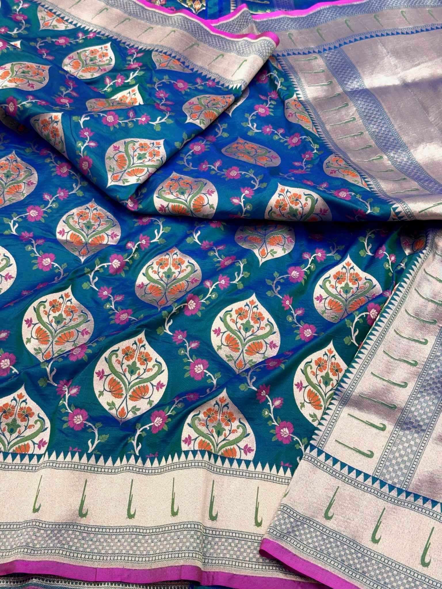 German Blue Pure Katan Silk & Pure Mulberry Silk Handloom Banarasi Saree