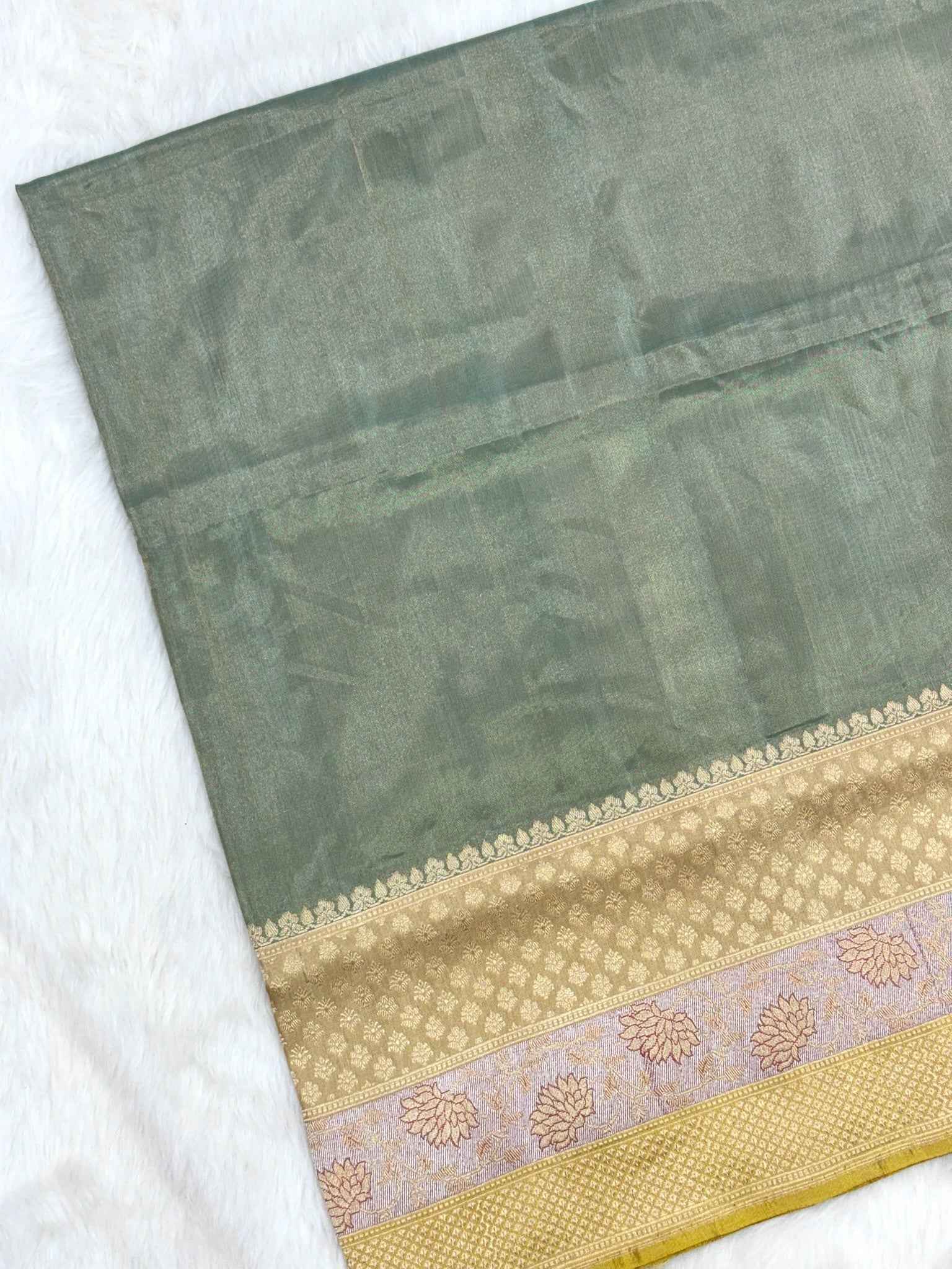 Green Pastel Double Katan Tissue With Ektara weave Pure Handwoven Saree