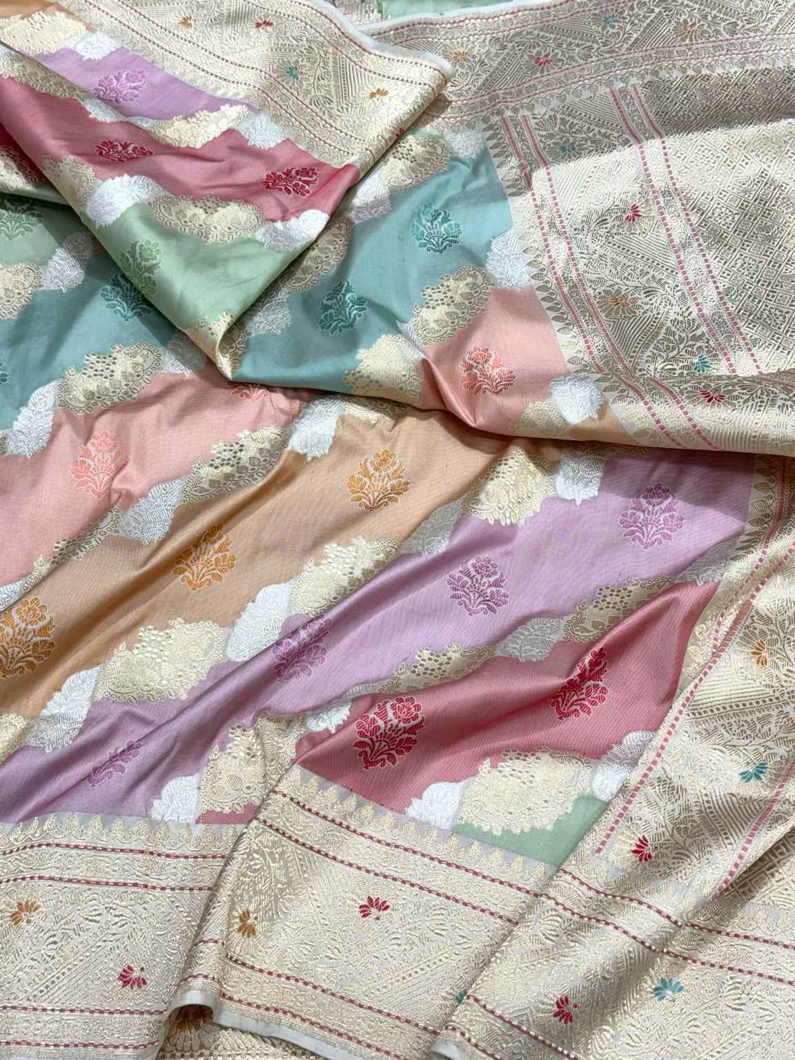 Beige Pure Katan Mulberry Silk | Kadhwa Weave | Banarasi Handwoven Modern Saree