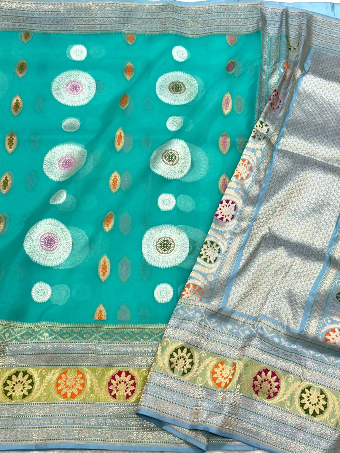 Aqua Green Pure Mulberry Kora Silk Handwoven Banarasi Saree