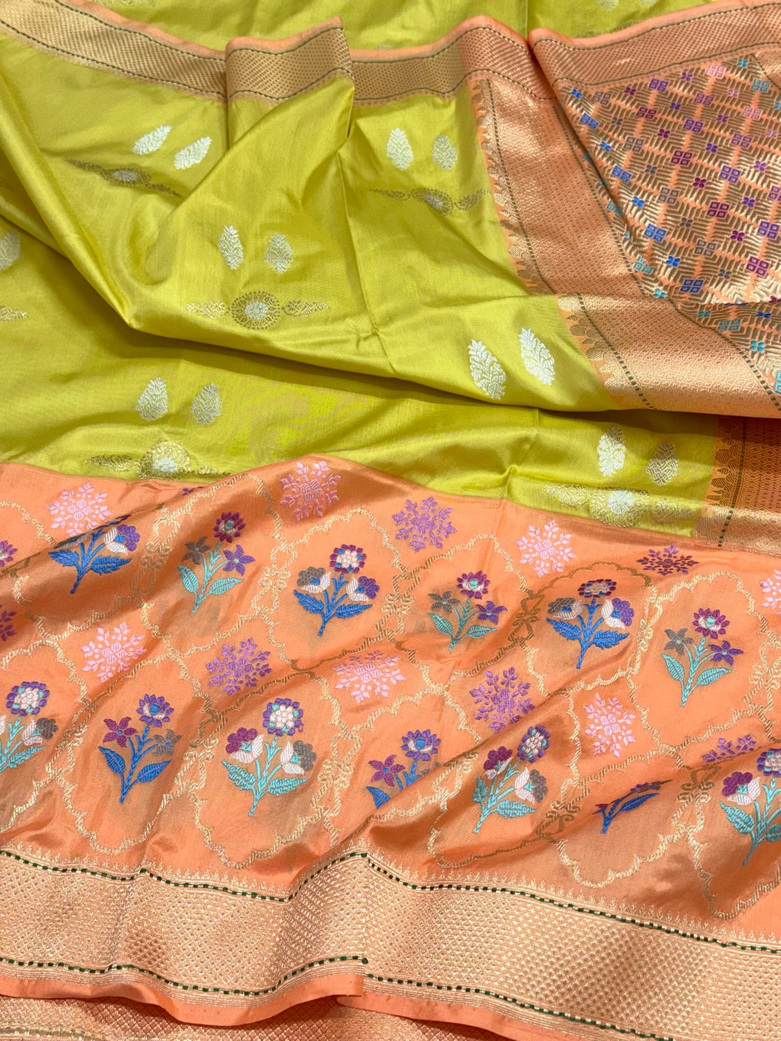 Lemon Yellow/ Orange Authentic Premium Banarasi Saree - Pure Katan Mulberry Silk | Kadhwa + Kadhiyal Technique | Handwoven Saree