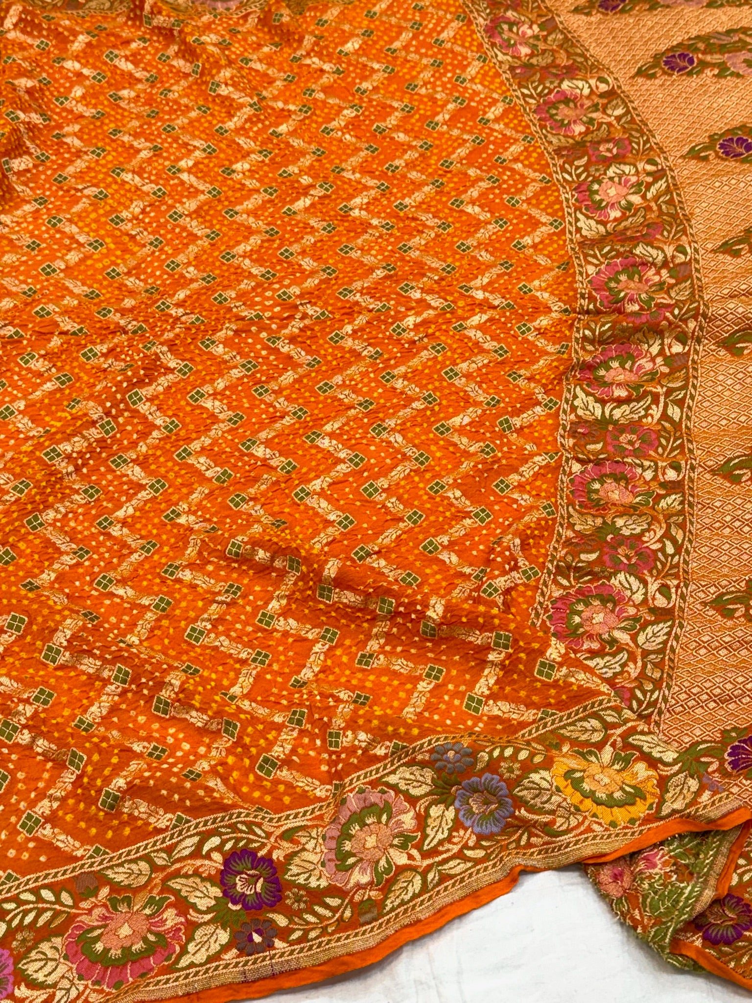 Orange Pure Chiffon Khaddi Georgette Bandhej Handwoven Saree