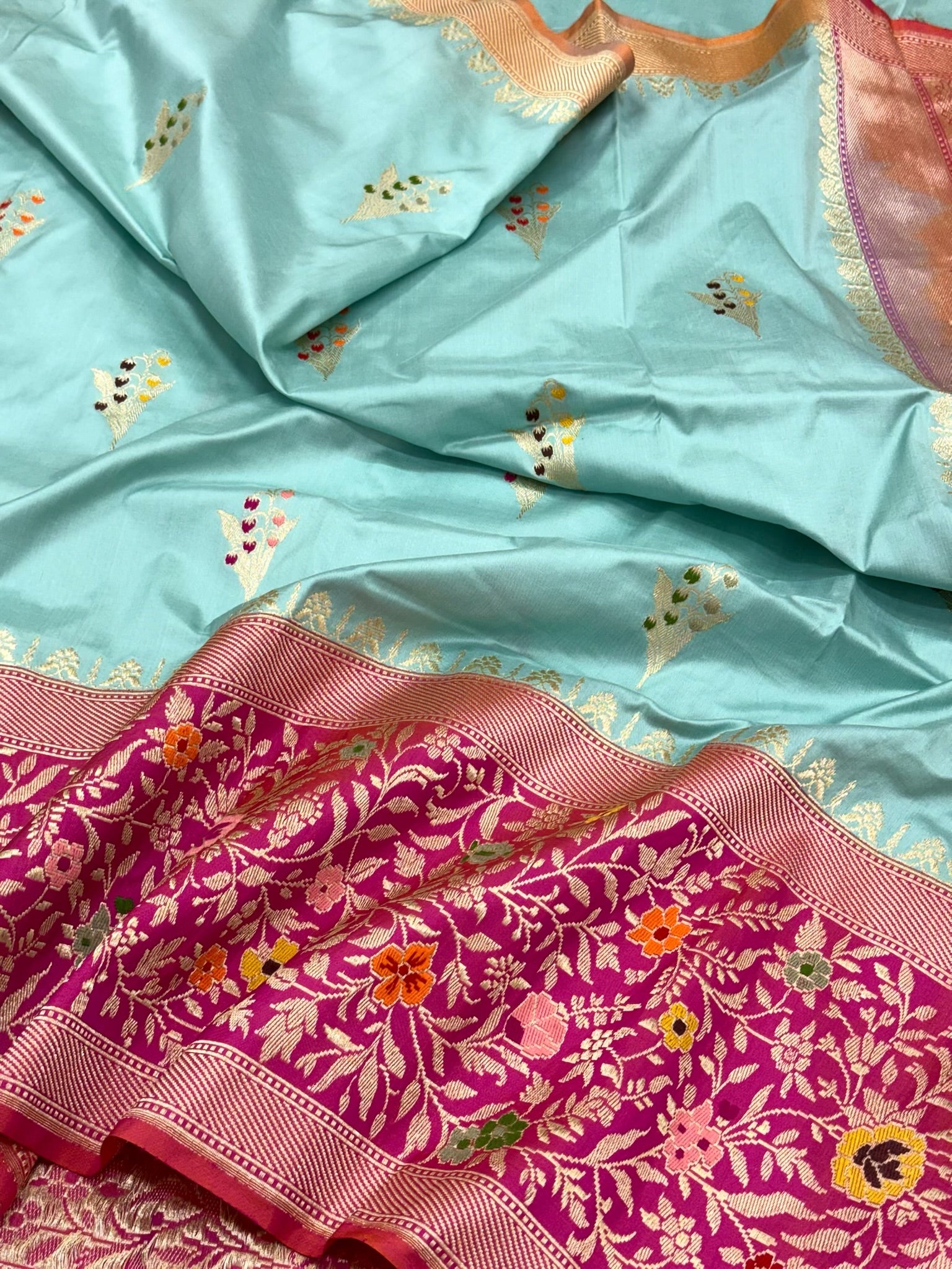 Sky Blue Pure Katan Mulberry Silk Banarasi Saree | Royal Banarasi Handwoven Kadhwa Saree