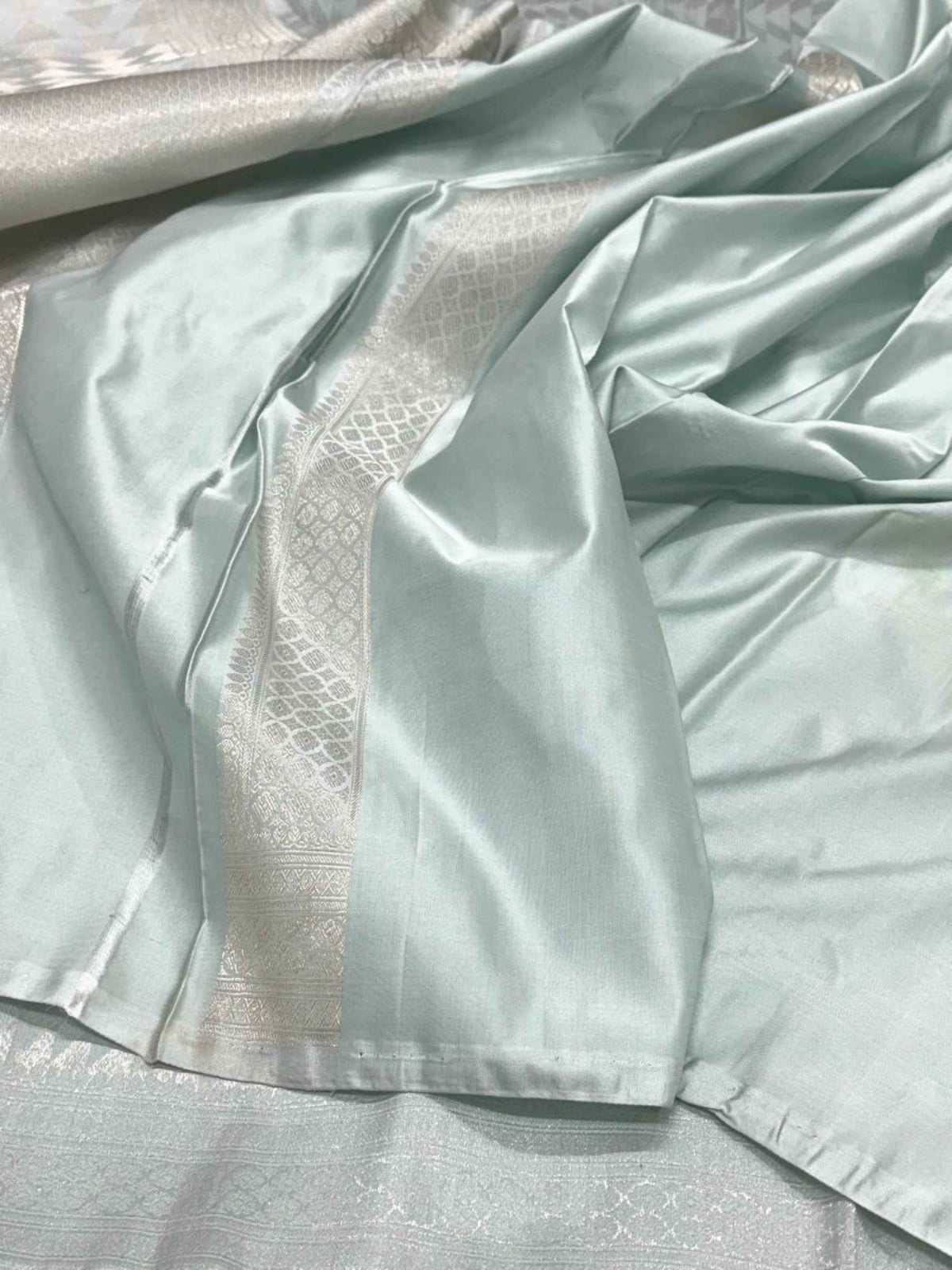 Ash Gray Pure Satin Silk Handwoven Soft Drape Banarasi Saree