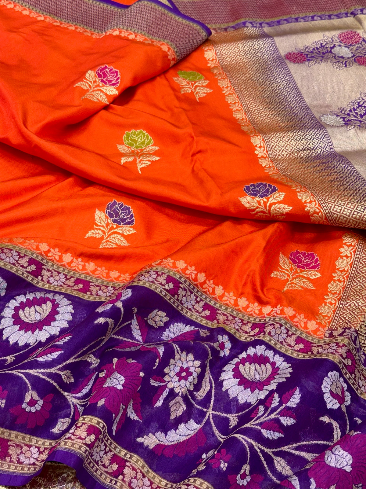 Orange Pure Mulberry Katan Silk Handwoven | Kadhwa + Kadhiyal | Banarasi Saree - Drape In Distinction