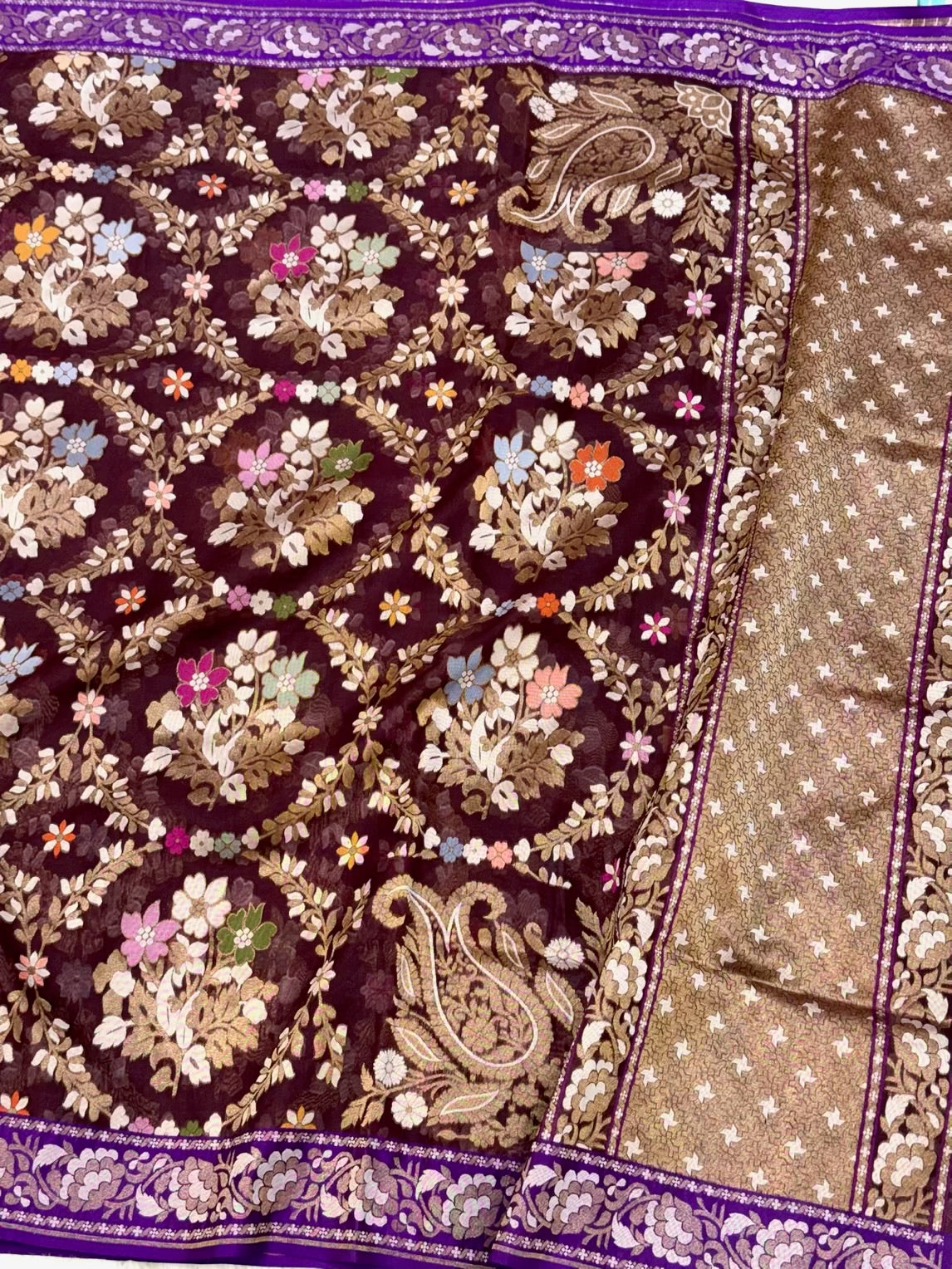 Brown Pure Kora Silk Handloom Banarasi Silk Saree - Ektara Weave Lightweight Banarasi Saree