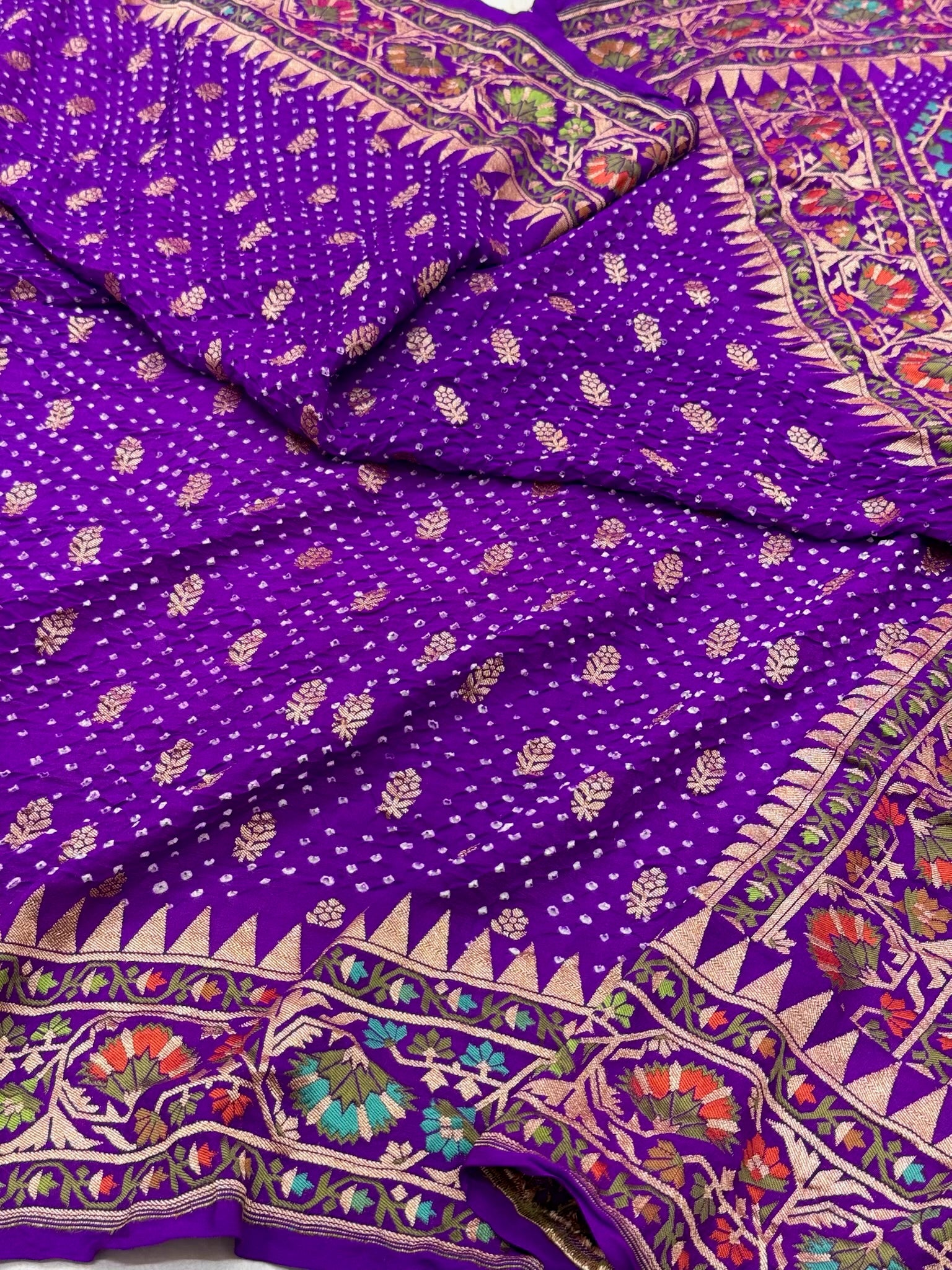 Purple Pure Chiffon Georgette Handloom Banarasi Bandhej Saree - Six Yards Elevated