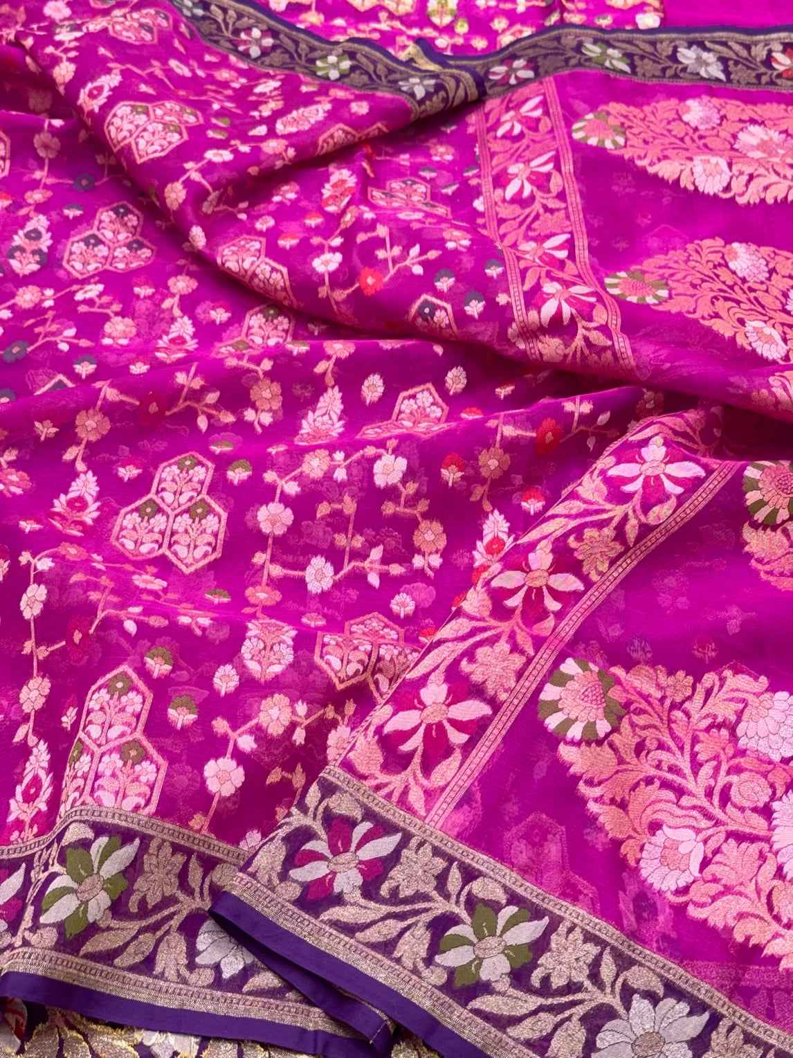 Hot Pink Organza Banarasi Silk Saree | 100% Pure Kora Mulberry Silk| Handwoven Ektara Saree