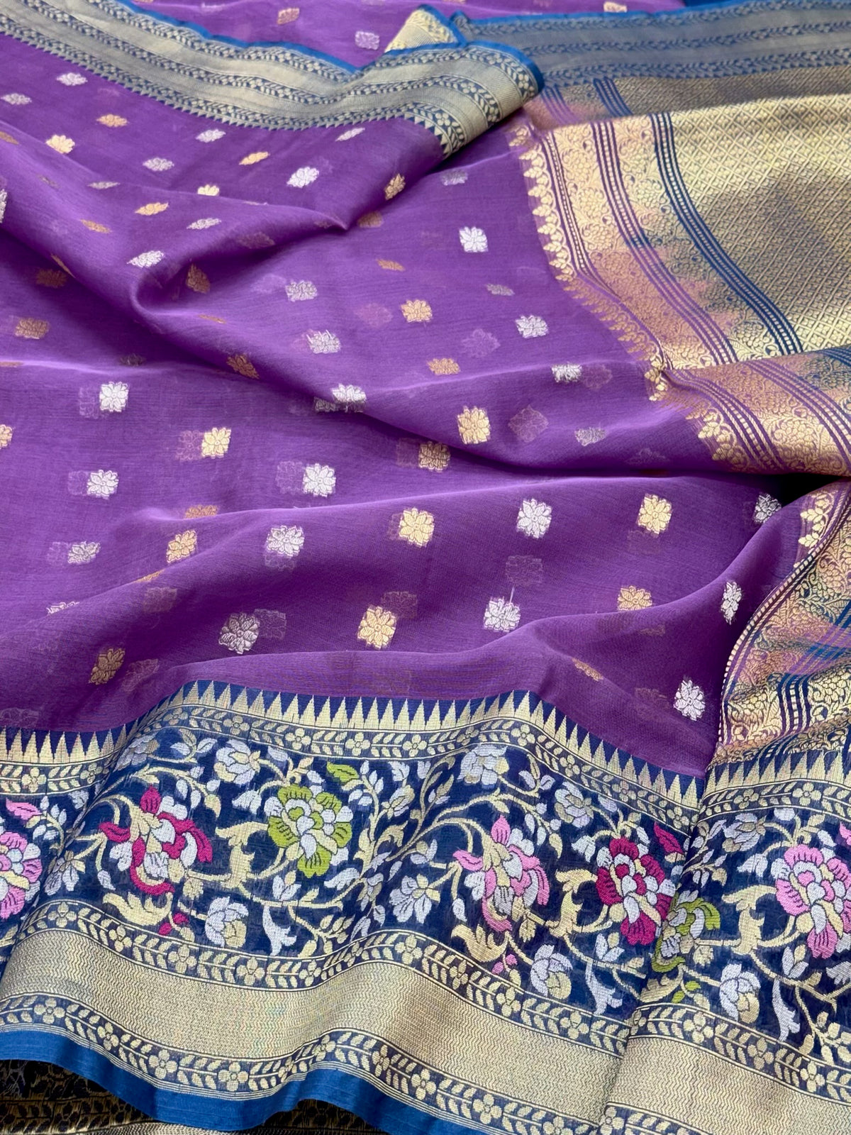 Violet Pure Mulberry Kora Silk Handwoven Banarasi Saree - Modern Drape Lightweight Banarasi Saree
