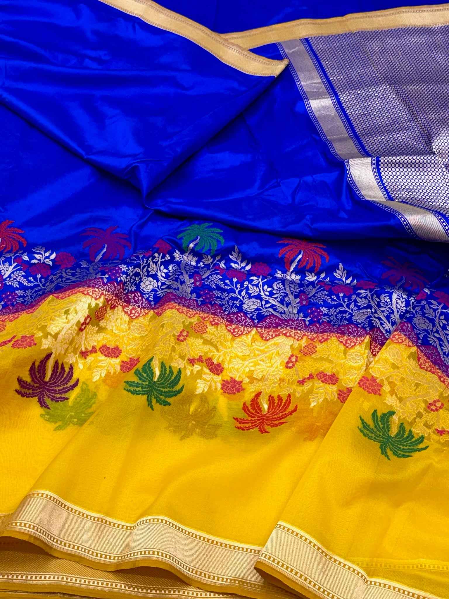 Blue Modern Banarasi Handwoven | Kadhwa Technique | Pure Mulberry Katan Silk Contemporary Saree With Kora Border