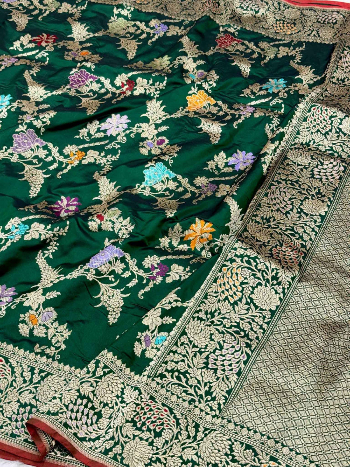 Bottle Green Pure Katan Silk Banarasi Handwoven Saree