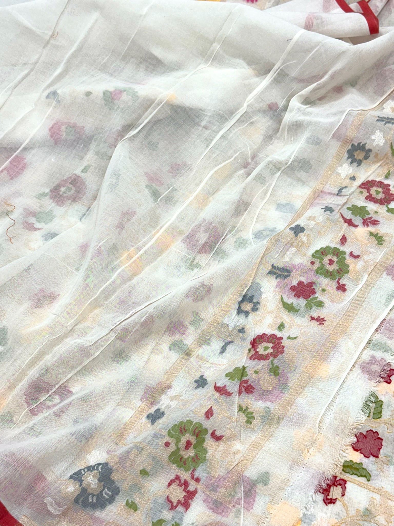 Pearl White Muslin Cotton Jamdani Ektara Weave Handloom Banarsi Saree