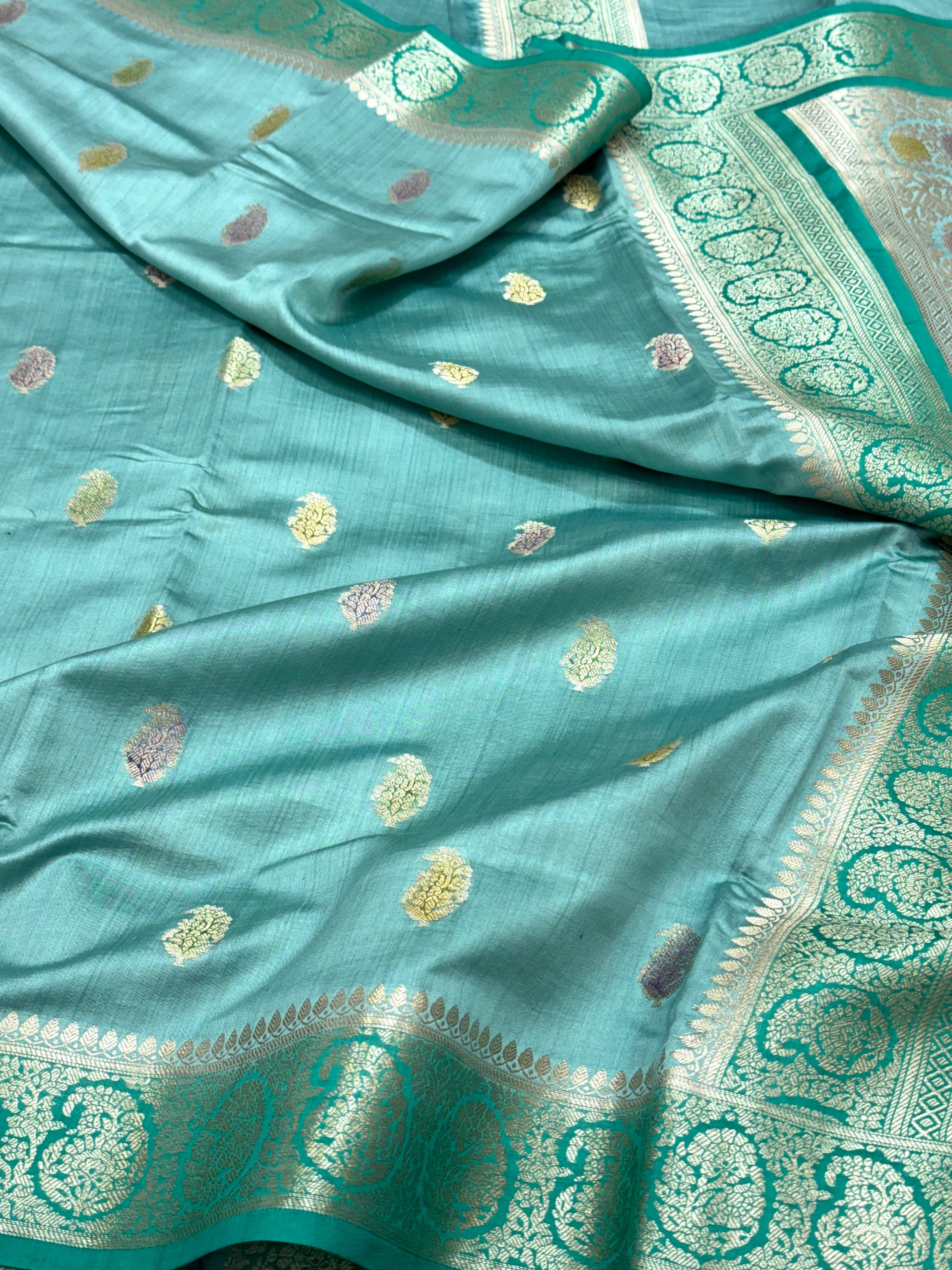 Sea Green Pure Mulberry Chiniya Silk Banarasi Saree