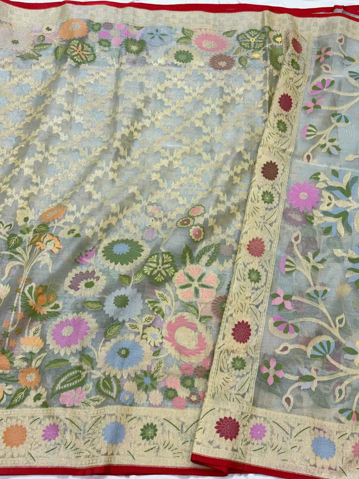 Pastel Green Pure Mulberry Kora Silk | Ektara Technique | Jamdani Handloom Contemporary Banarasi Modern Saree