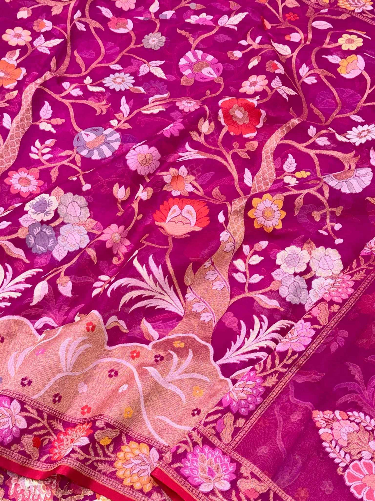 Hot Pink Pure Mulberry Kora Silk Ektara Jamdani Handloom Contemporary Banarasi Saree | Timeless Banarasi Elegance