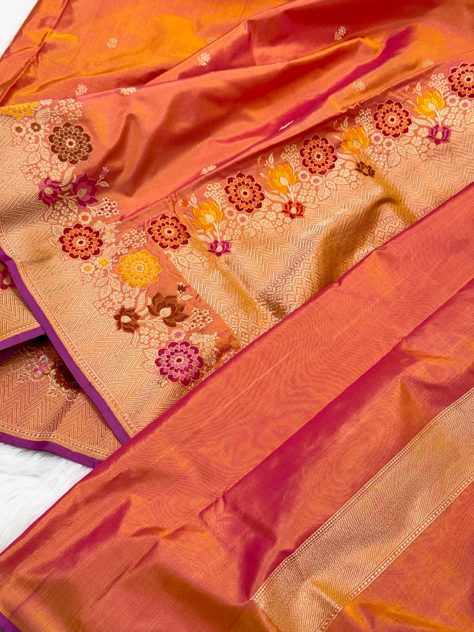 Yellowish Orange Pure Katan Silk Handwoven Banarasi Saree |Kadhuwa Weave|