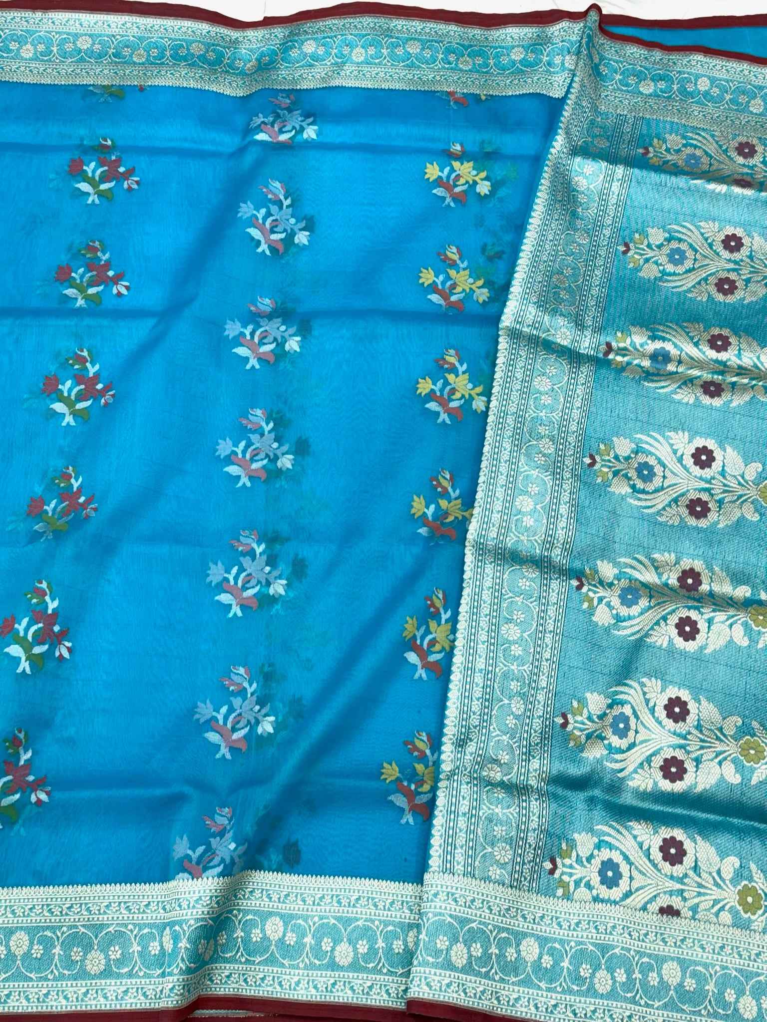 Blue Pure Kora Mulberry Silk handwoven Banarasi saree - Ektara Jamdani Weave
