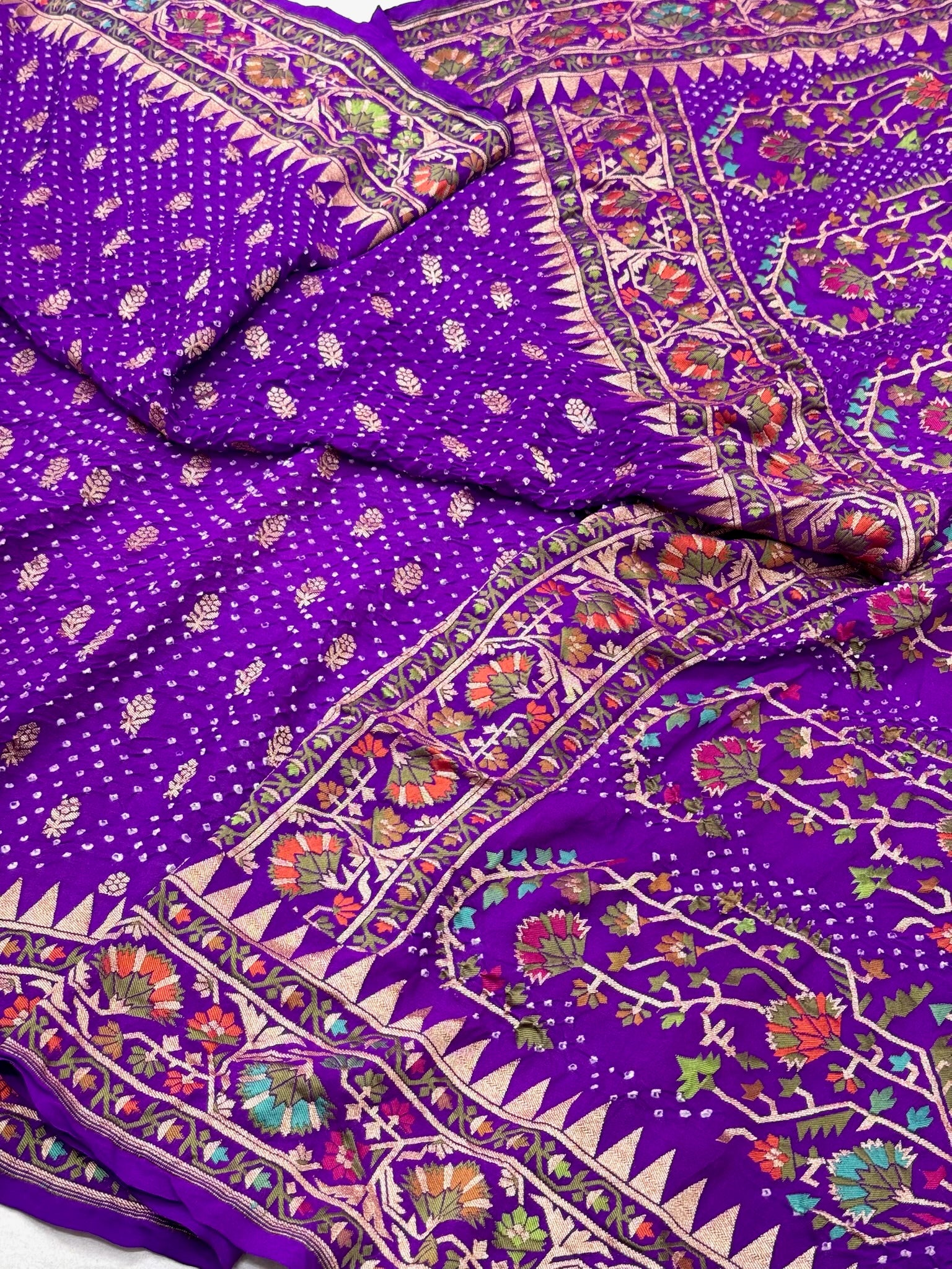 Purple Pure Chiffon Georgette Handloom Banarasi Bandhej Saree - Six Yards Elevated