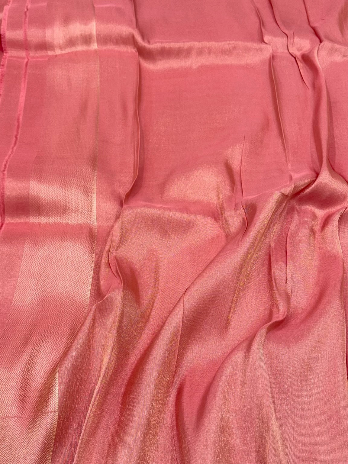 Peach Pink Modern Pure Double Silk Tissue Handwoven Contemporary Banarasi Soft Saree