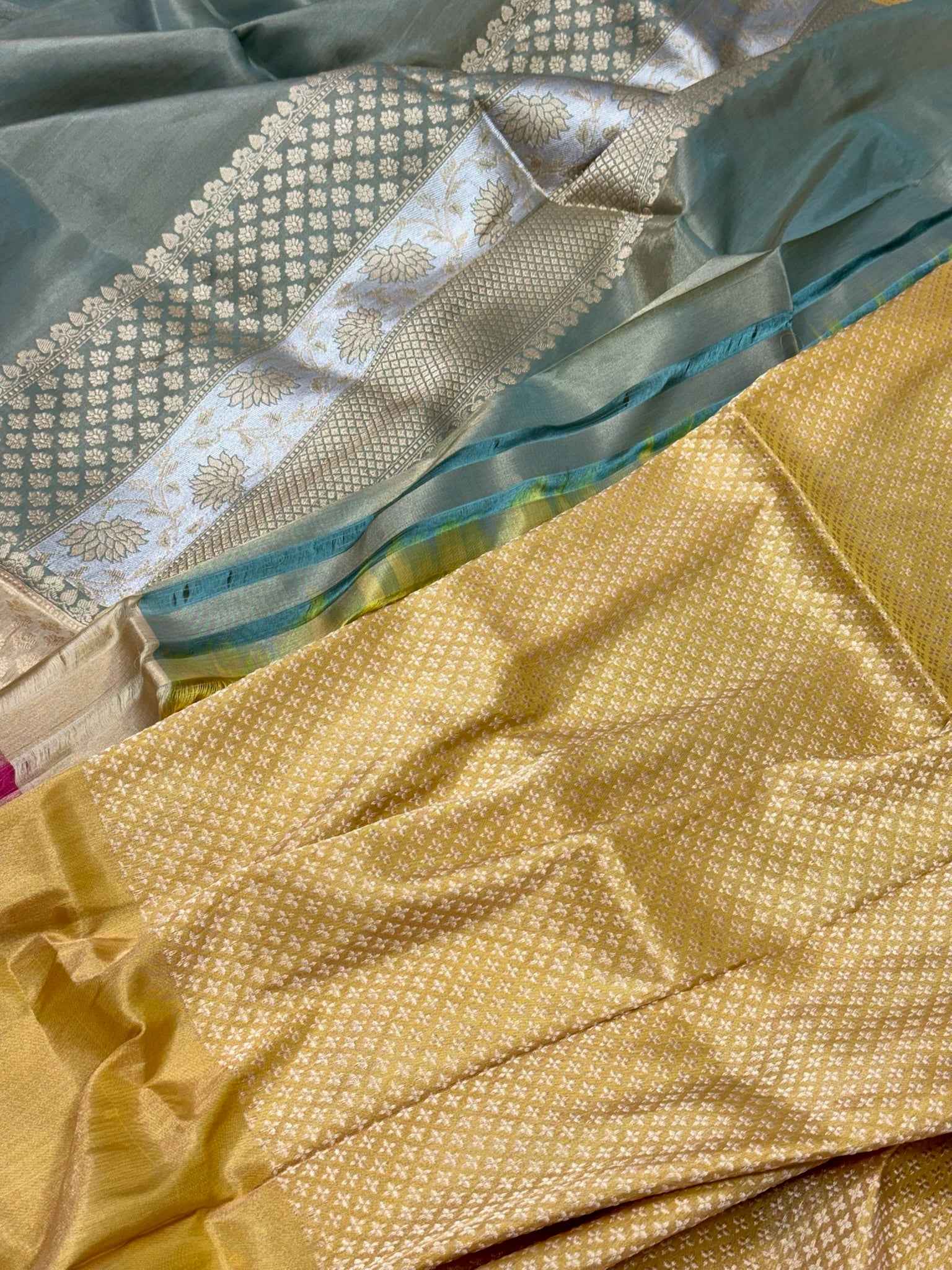 Green Pastel Double Katan Tissue With Ektara weave Pure Handwoven Saree