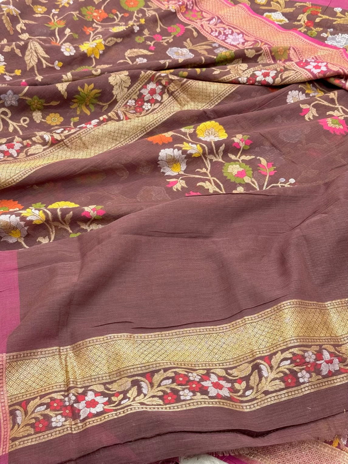 Chocolate Brown Pure Muslin Cotton Jamdani Handloom Banarasi Saree |Ektara Weave|