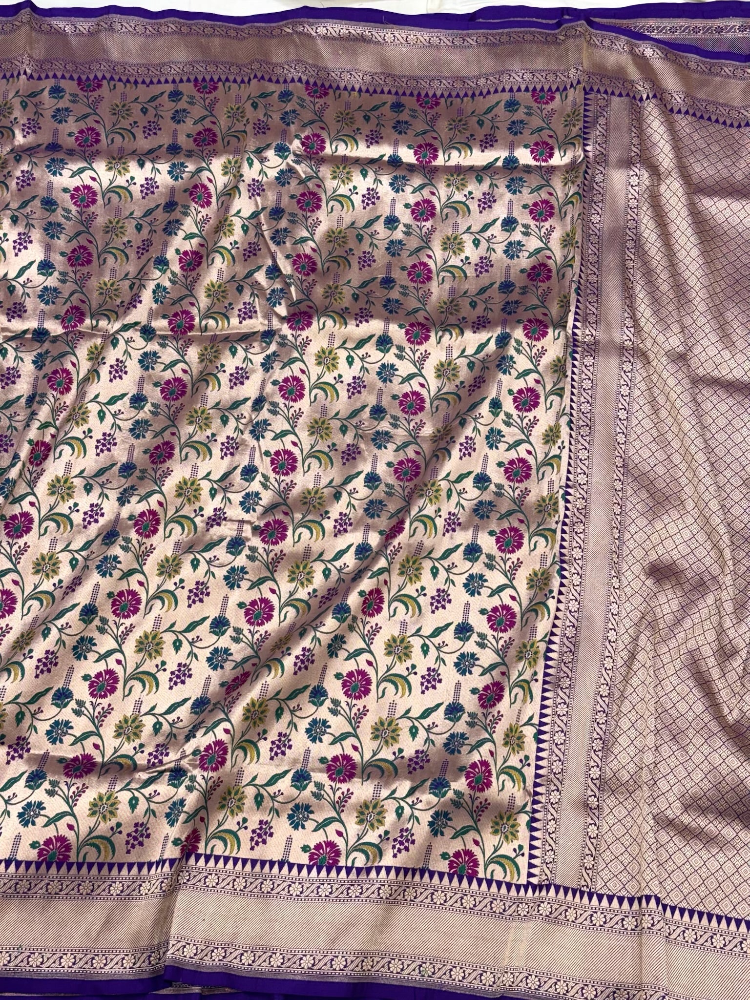 Gold/Purple Pure Mulberry Katan Silk Handwoven | Kadhwa Weave | Banarasi Saree - Paithani Brocade Banarasi Saree