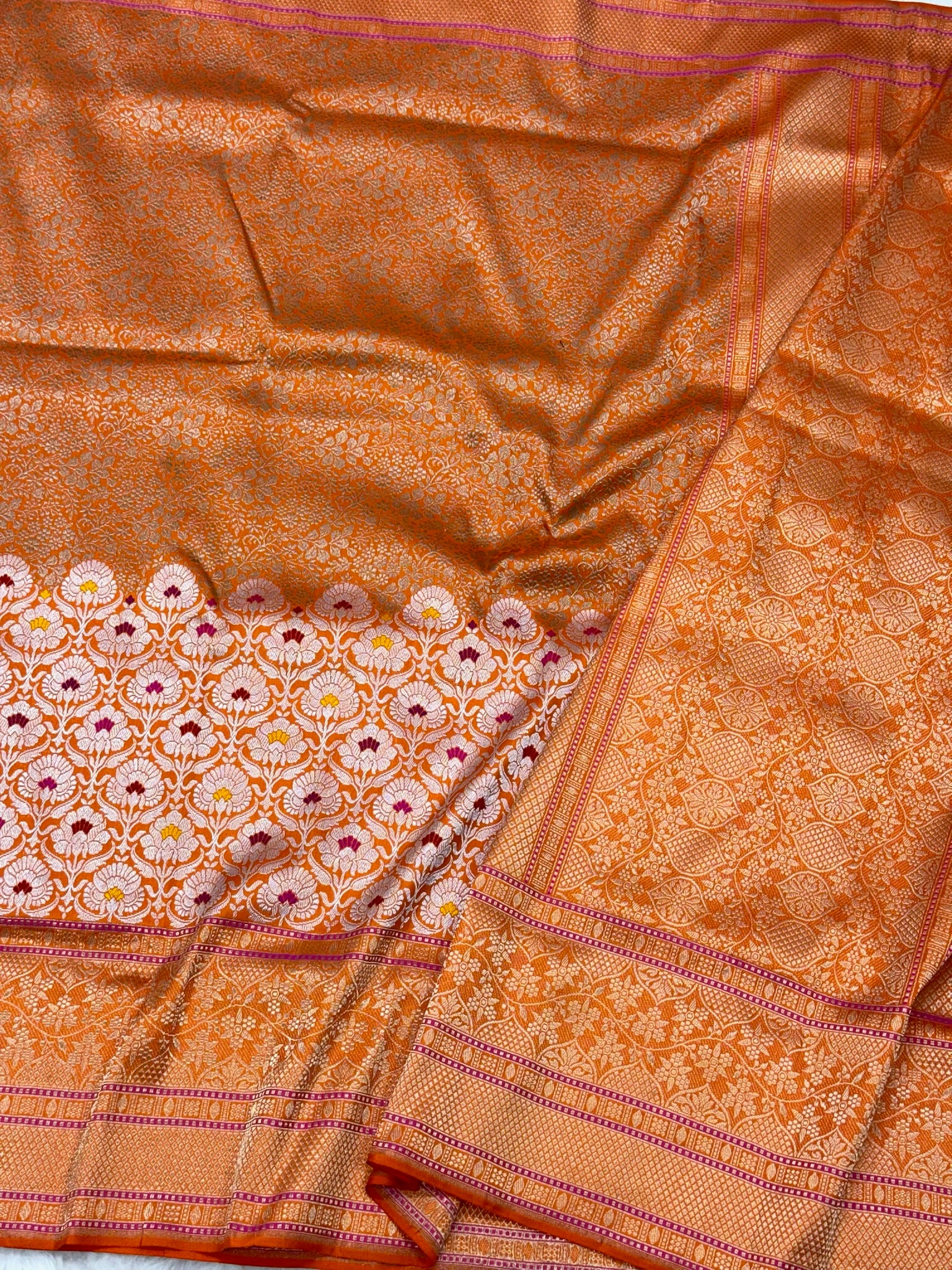 Orange Pure Mulberry Katan Silk Handwoven Banarasi Saree | Brocade|