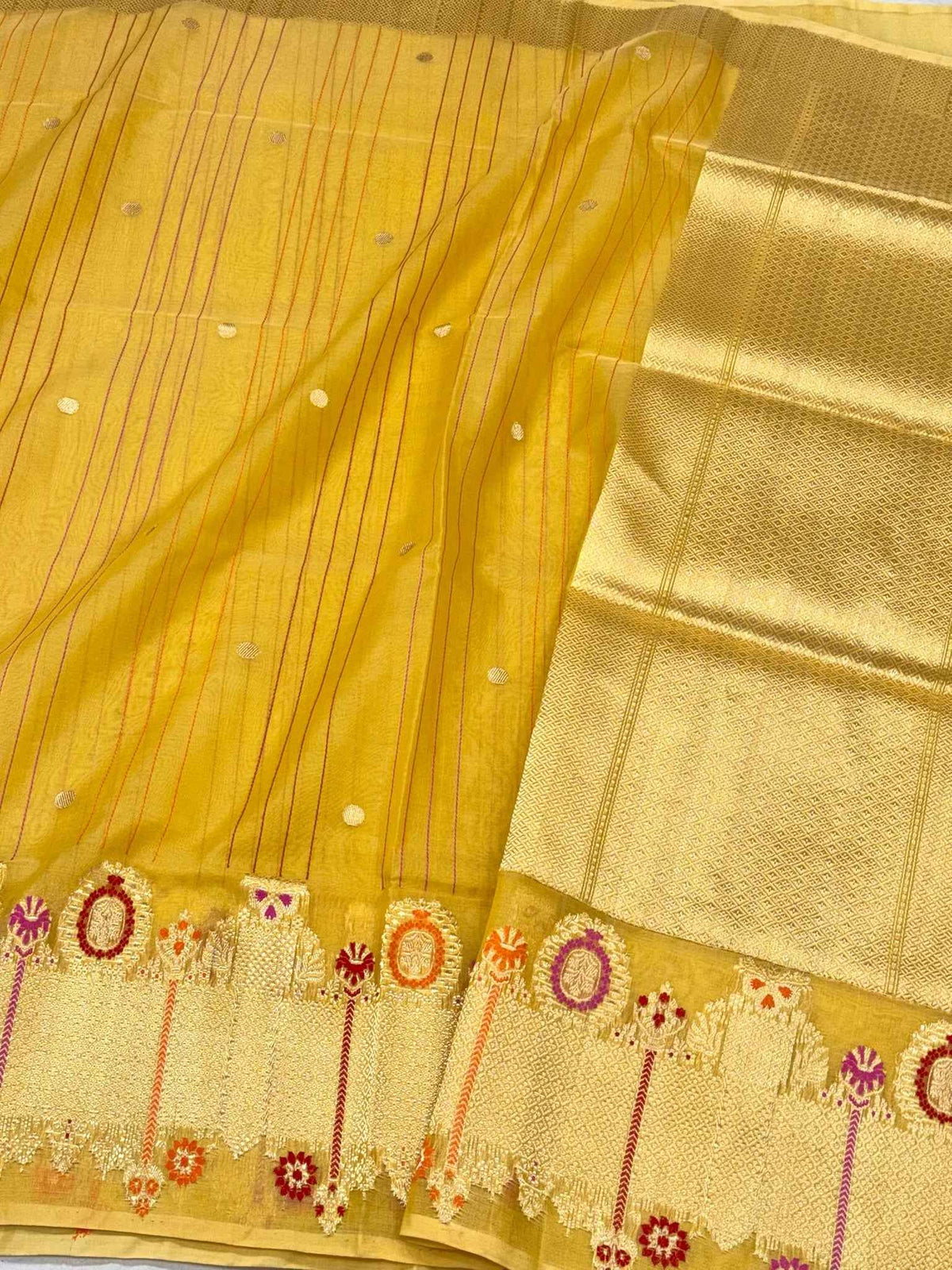 Mustard Yellow Pure Mulberry Kora Silk Handwoven Banarasi Saree
