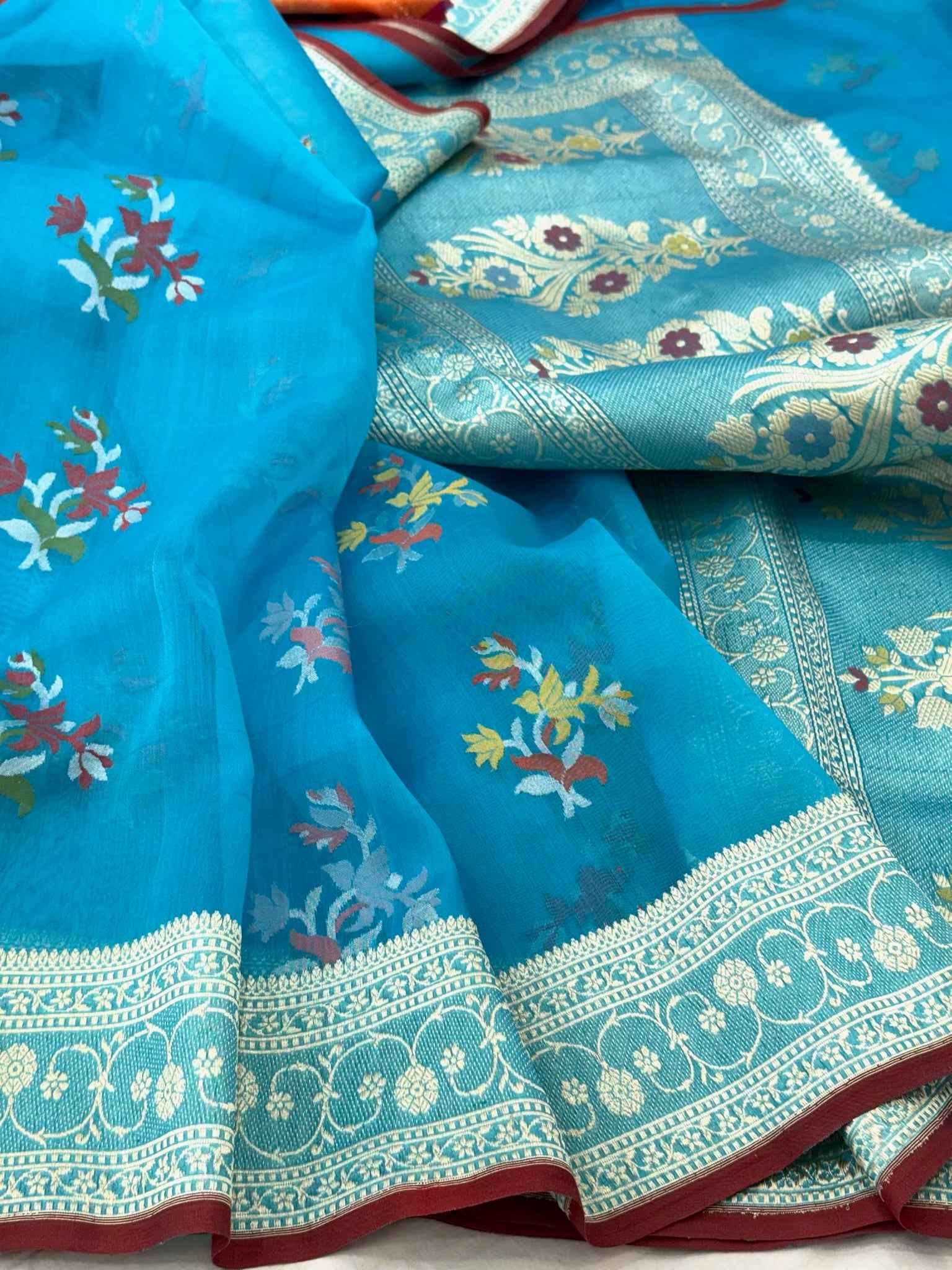 Blue Pure Kora Mulberry Silk handwoven Banarasi saree - Ektara Jamdani Weave