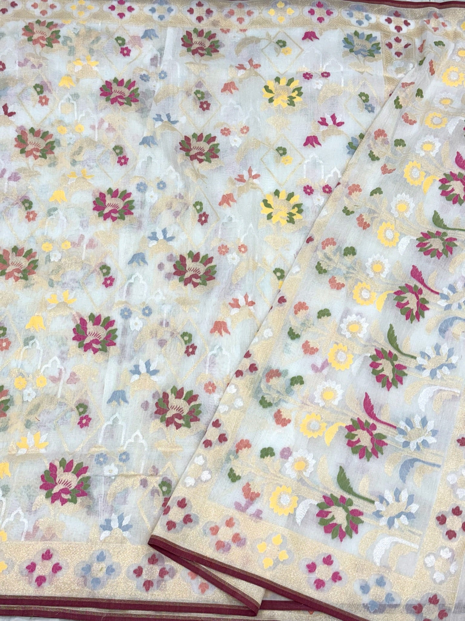 White Pure Muslin Cotton Jamdani Ektara Weave Handloom Banarasi Saree