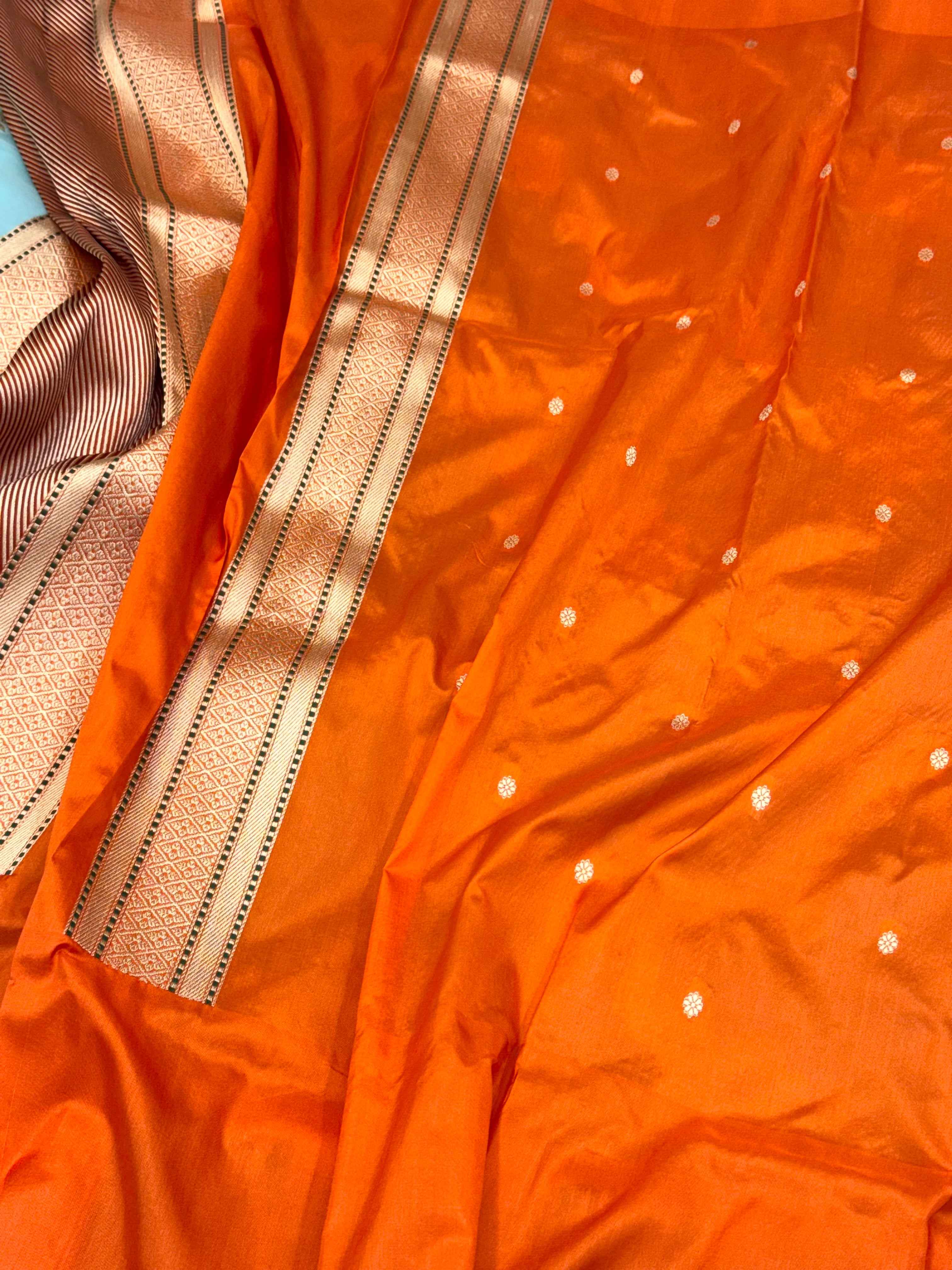 Sky Blue/Orange Pure Kora Silk Modern Handwoven Banarasi Saree-Kadhuwa Weave