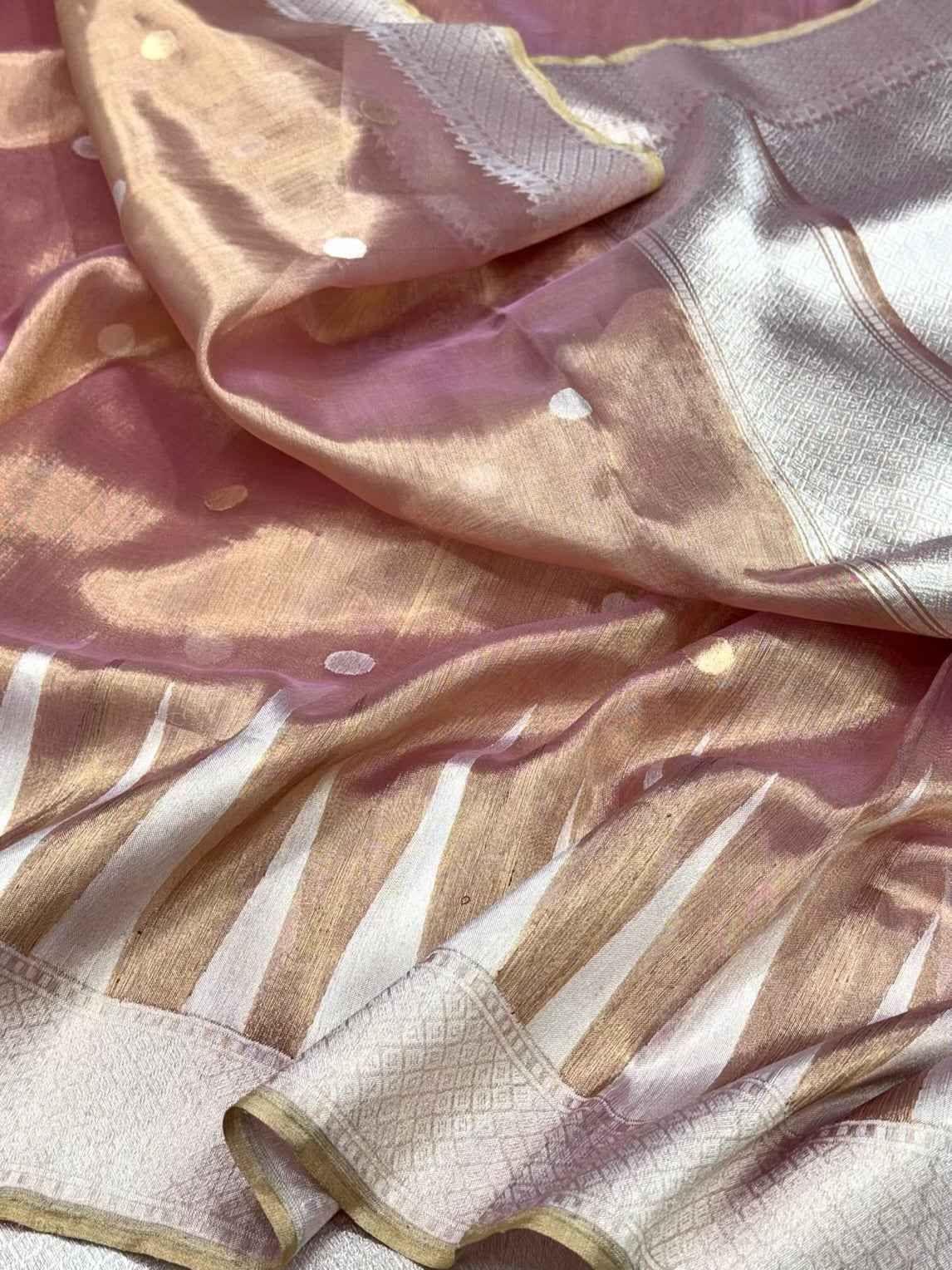 Dusty Rose Gold Pure Tissue Silk Saree - Kadhwa Tecnique | Pure Kora Silk Handwoven Banarsi Saree