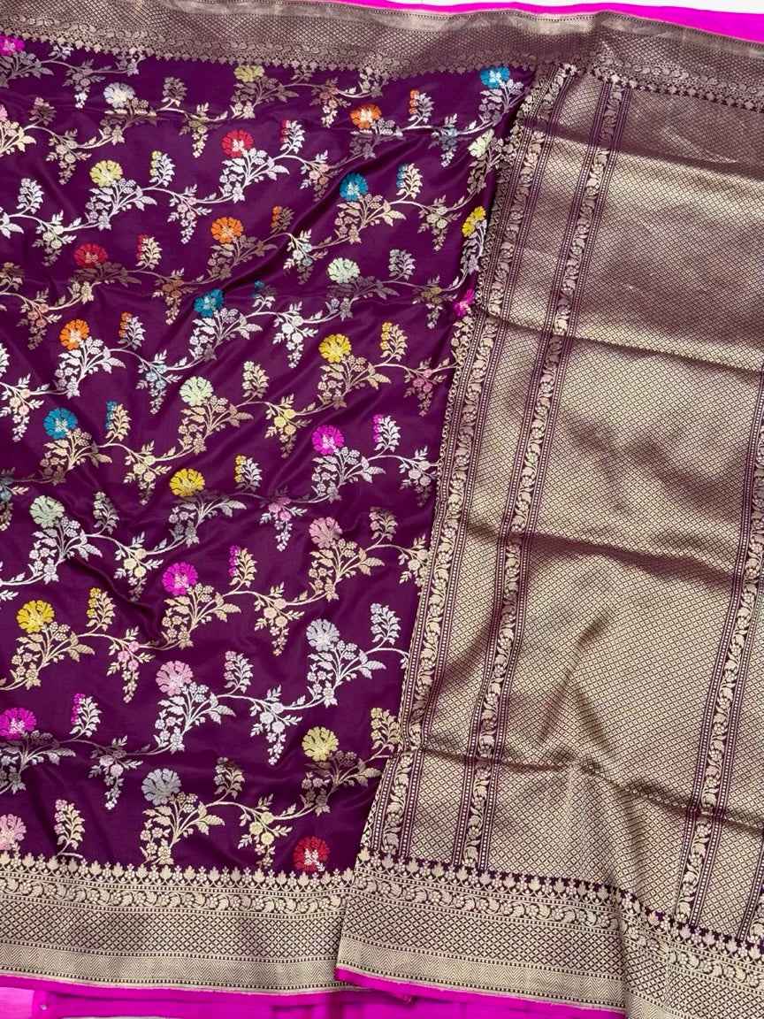 Wine Pure Mulberry Katan Silk Handwoven Banarasi Saree | Kadhwa Weave |